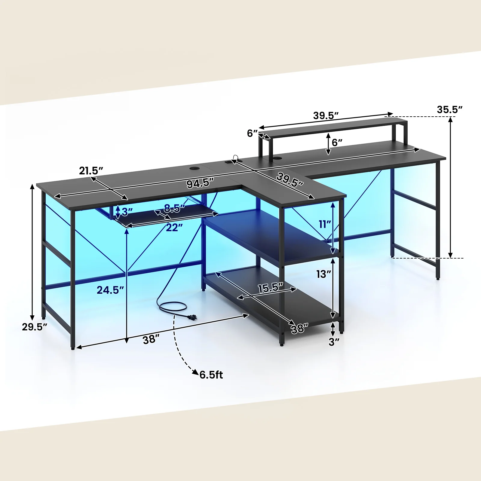 2-Person Reversible Computer Desk, Long Office Desk With LED Lights, Black - Image 5