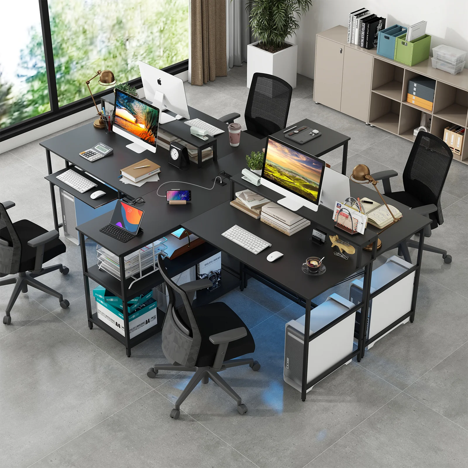 2-Person Reversible Computer Desk, Long Office Desk With LED Lights, Black - Image 6