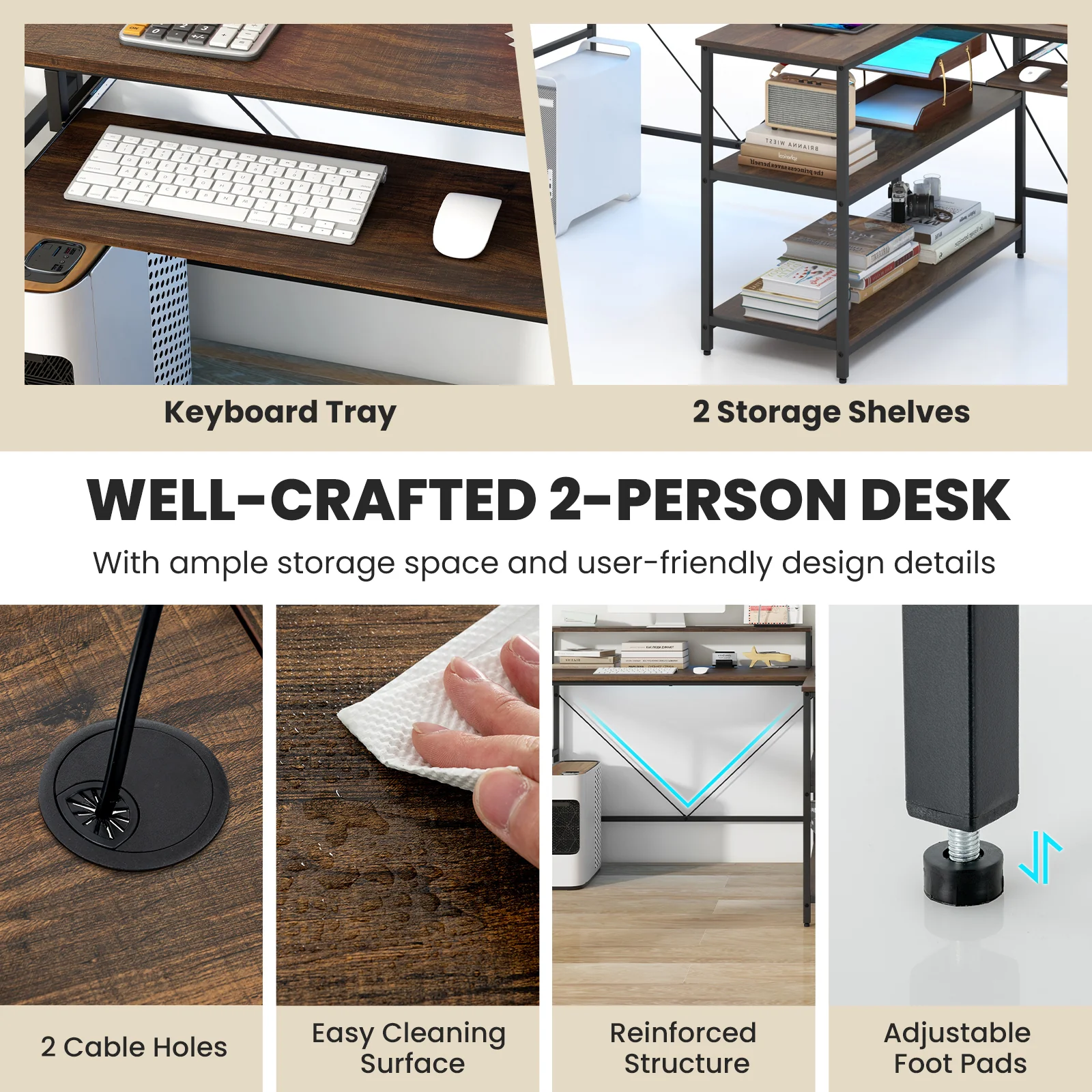 2-Person Reversible Computer Desk, Long Office Desk With LED Lights, Walnut - Image 10