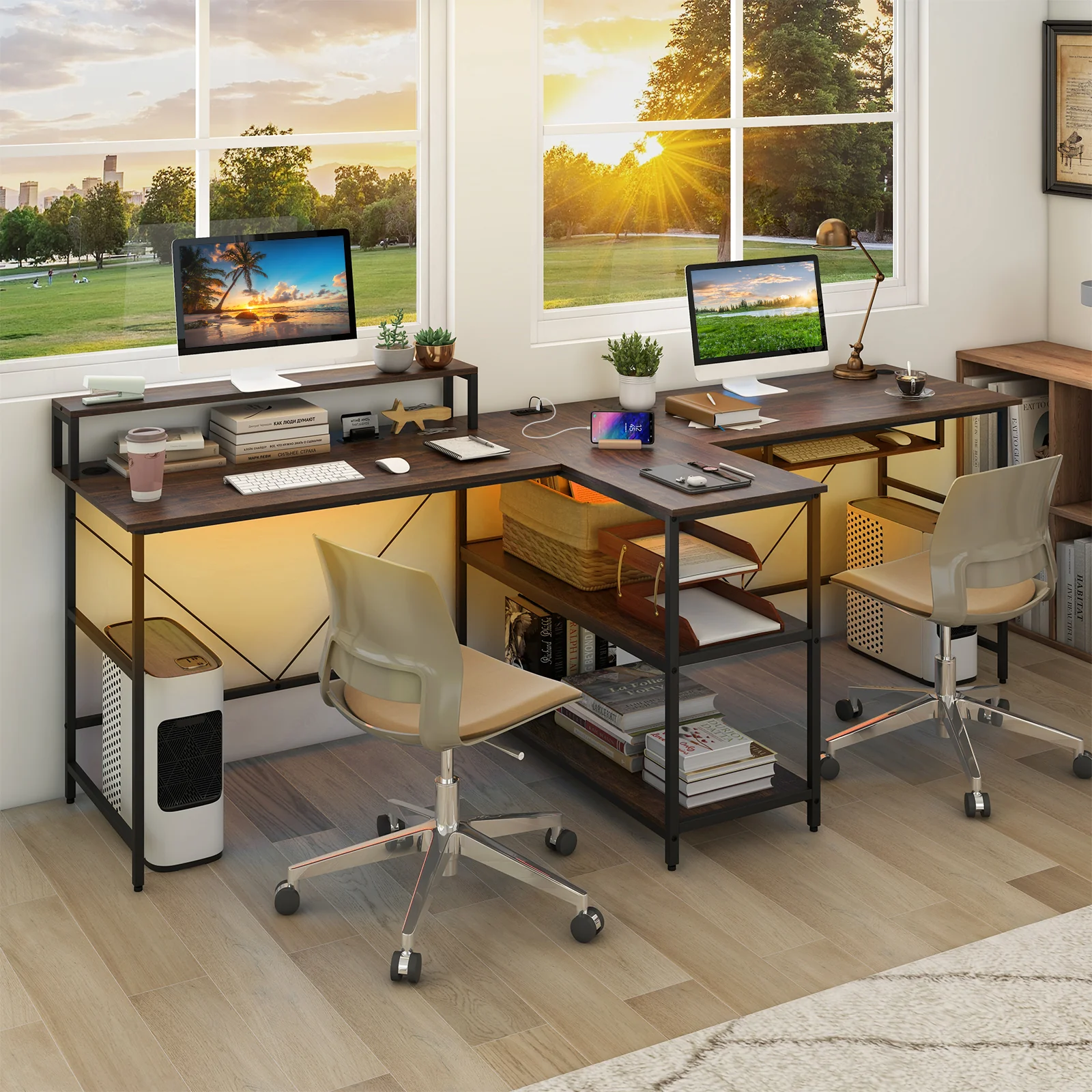 2-Person Reversible Computer Desk, Long Office Desk With LED Lights, Walnut - Image 2