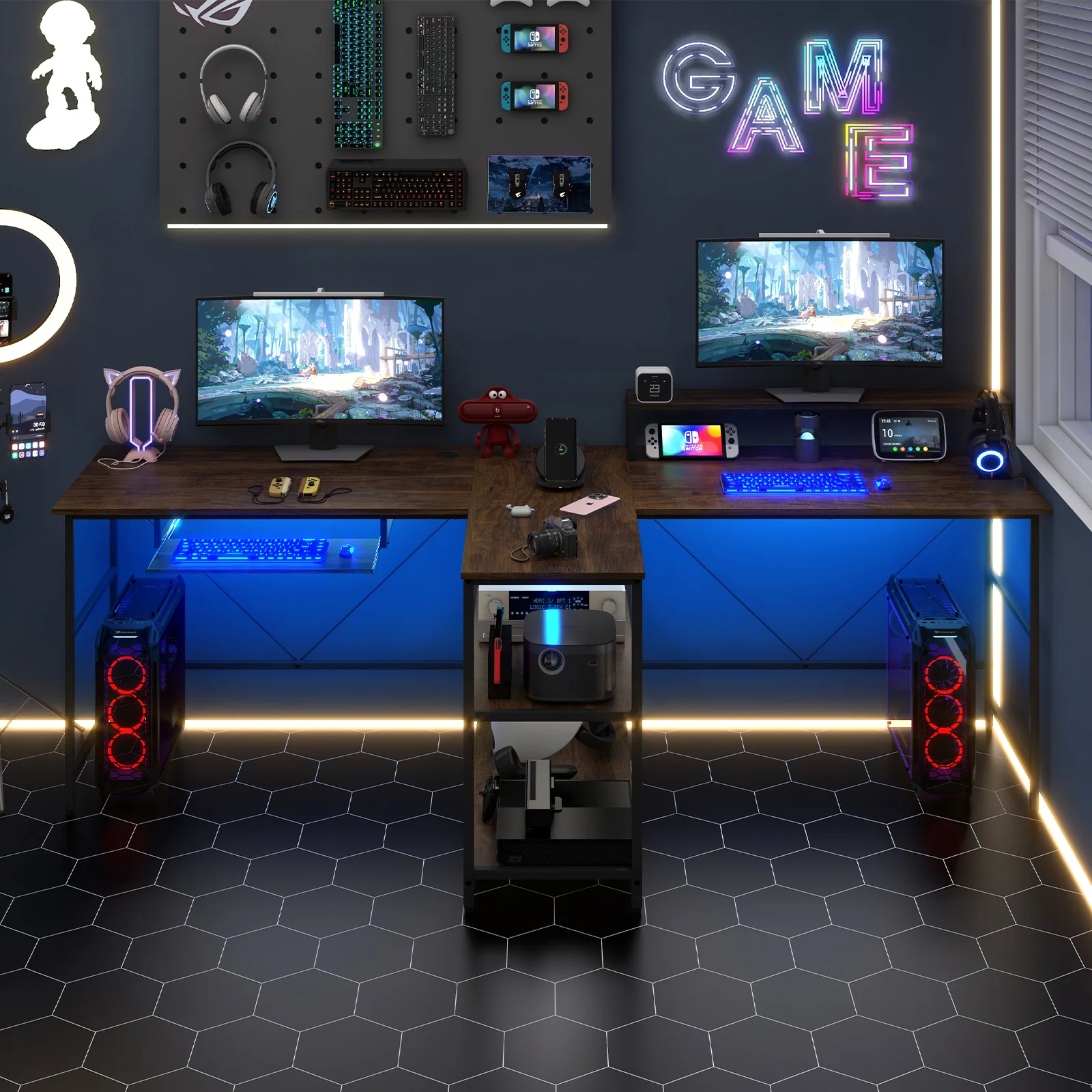 2-Person Reversible Computer Desk, Long Office Desk With LED Lights, Walnut - Image 3