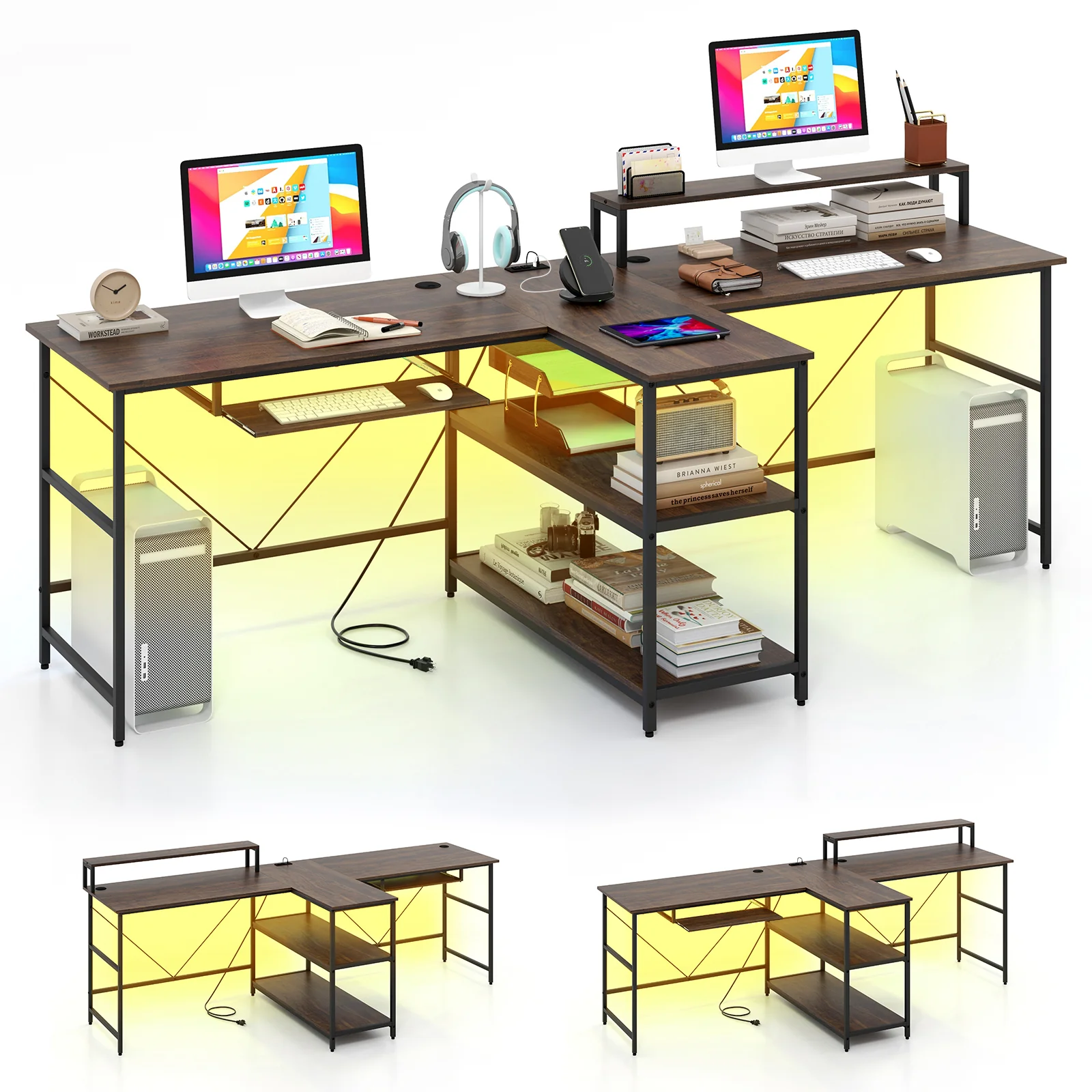 2-Person Reversible Computer Desk, Long Office Desk With LED Lights, Walnut - Image 4