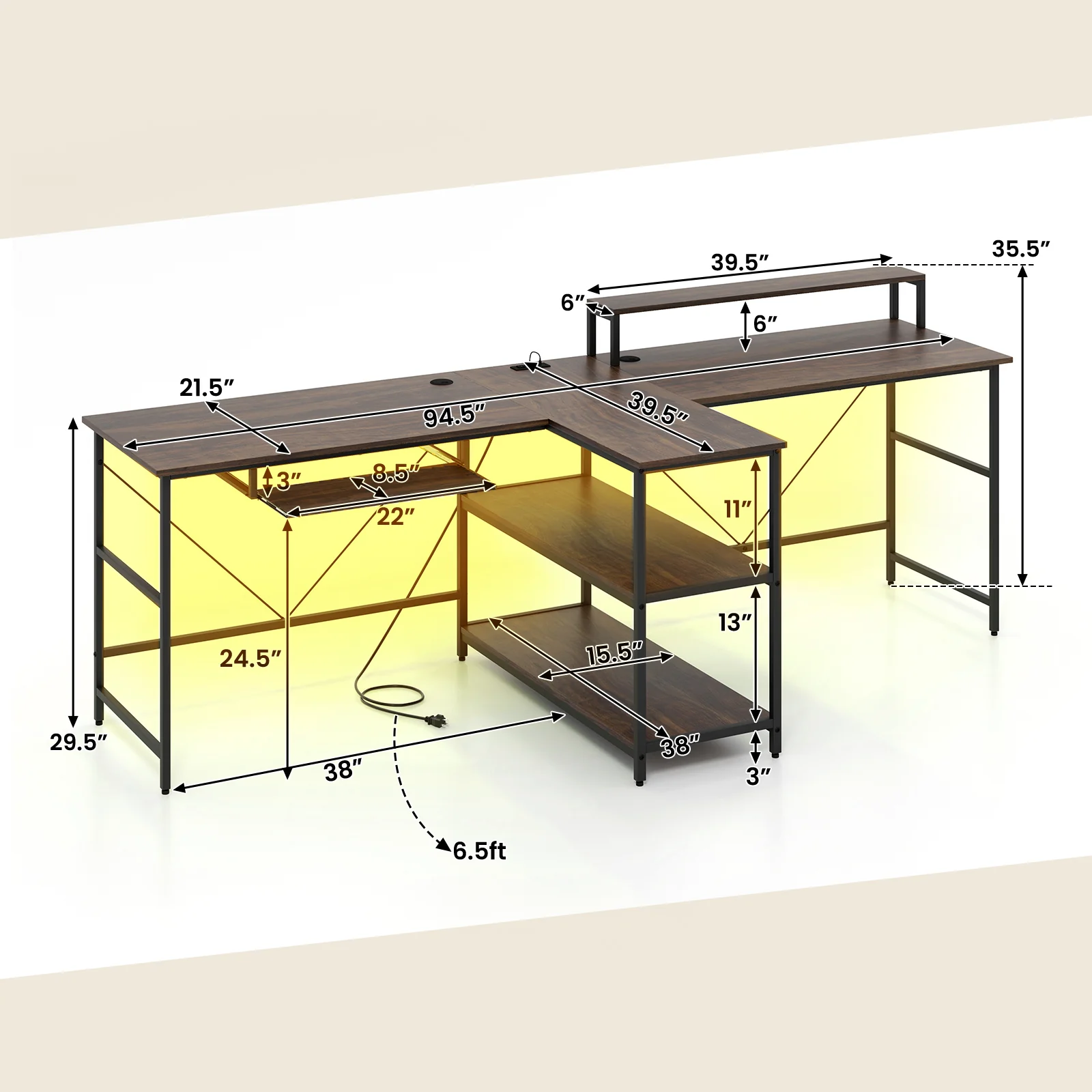 2-Person Reversible Computer Desk, Long Office Desk With LED Lights, Walnut - Image 5