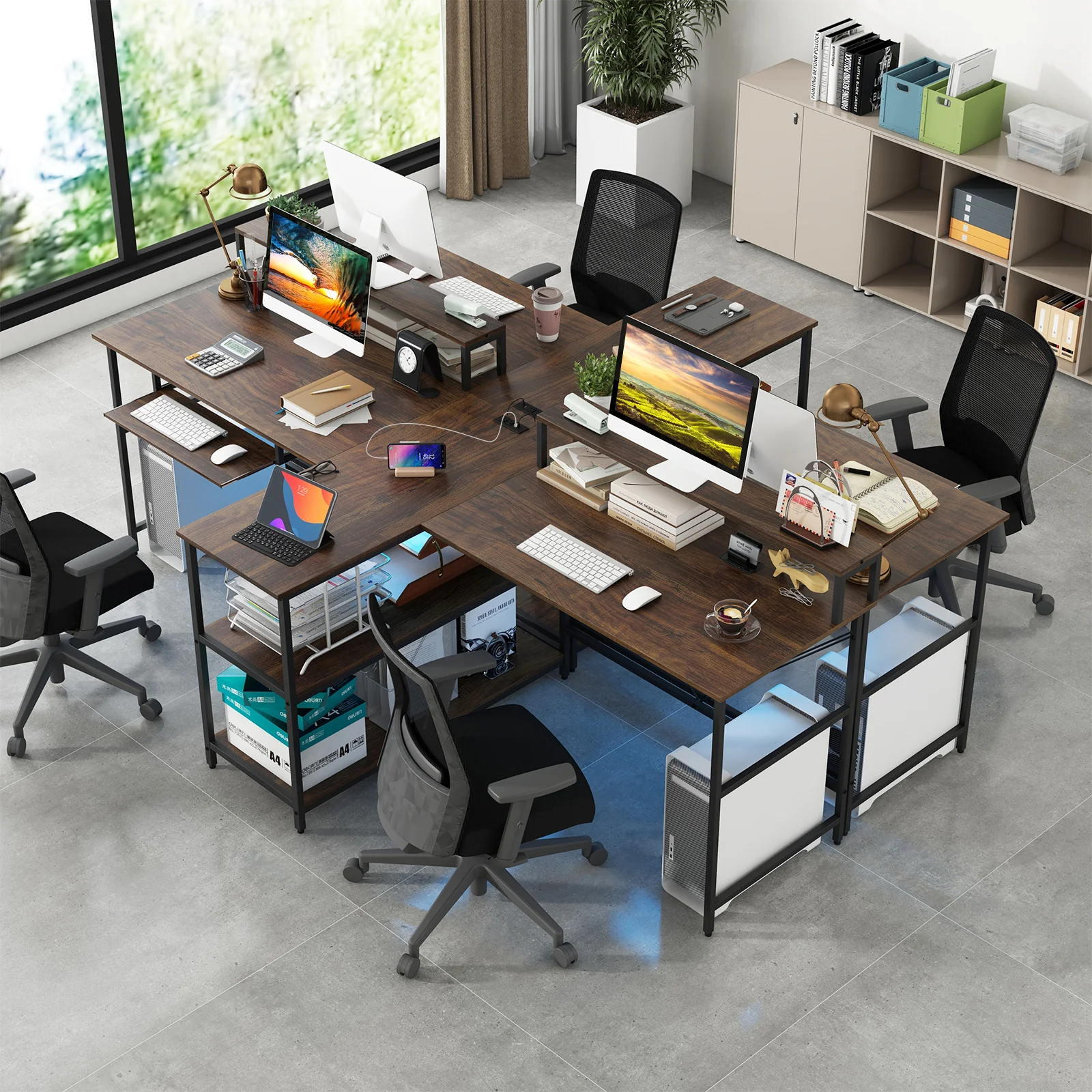 2-Person Reversible Computer Desk, Long Office Desk With LED Lights, Walnut - Image 6