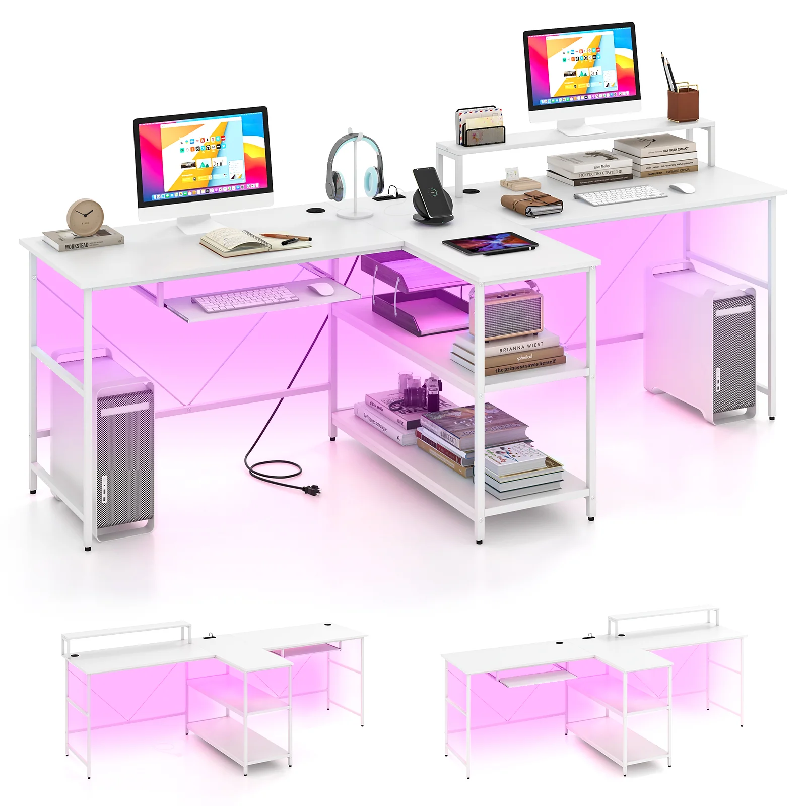 2-Person Reversible Computer Desk, With LED Lights, White