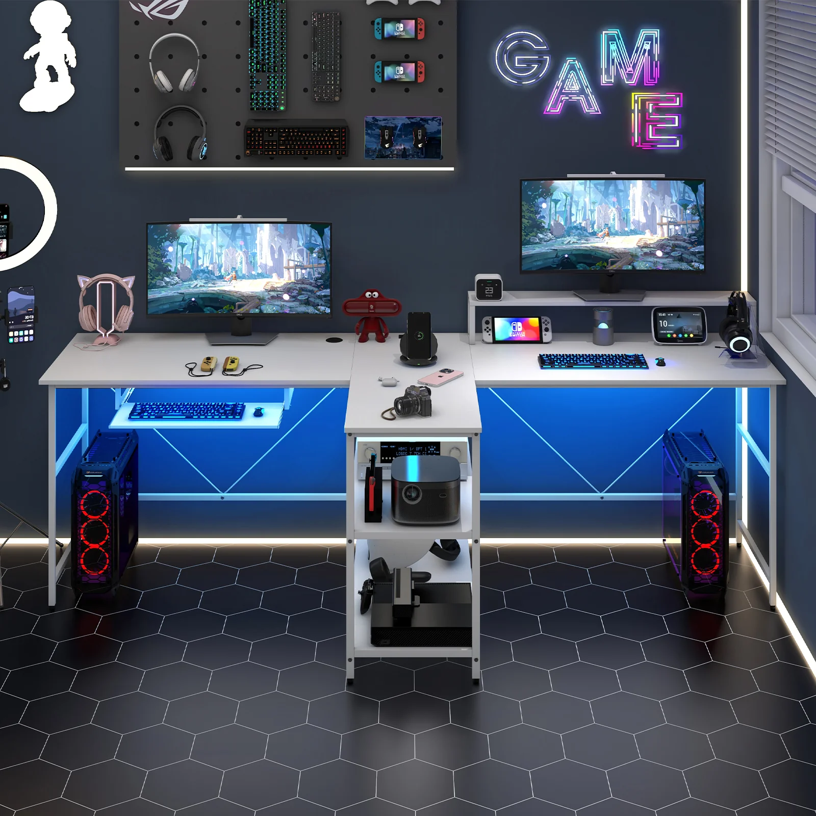 2-Person Reversible Computer Desk, With LED Lights, White - Image 3