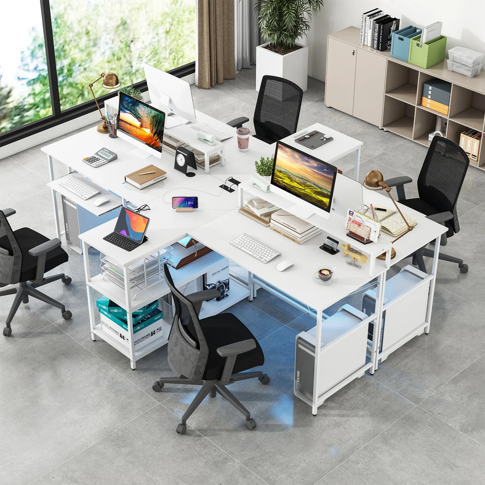 2-Person Reversible Computer Desk, With LED Lights, White - Image 6