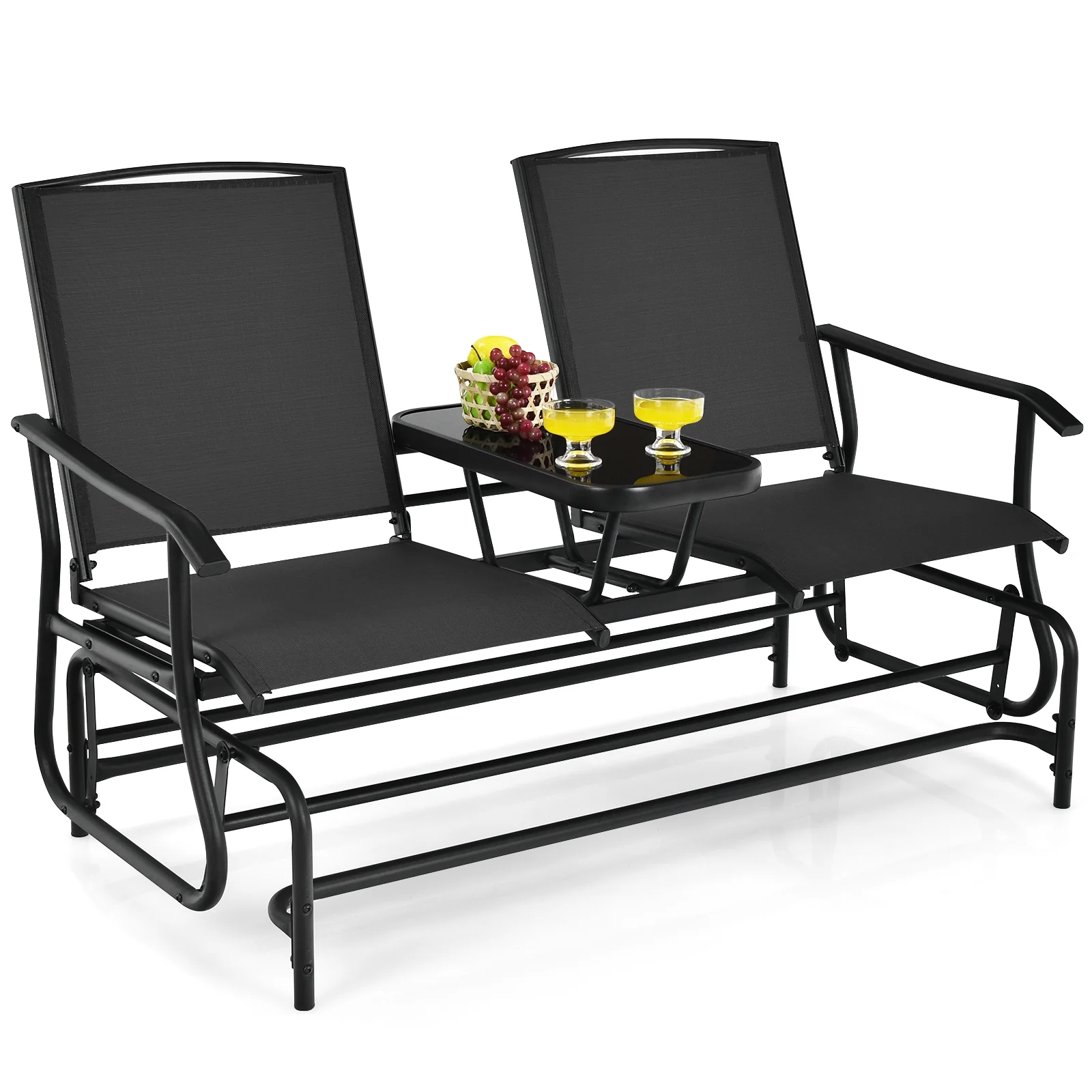 2-Person Rocking Loveseat, Mesh Fabric, Tempered Glass Table, Black - Image 10