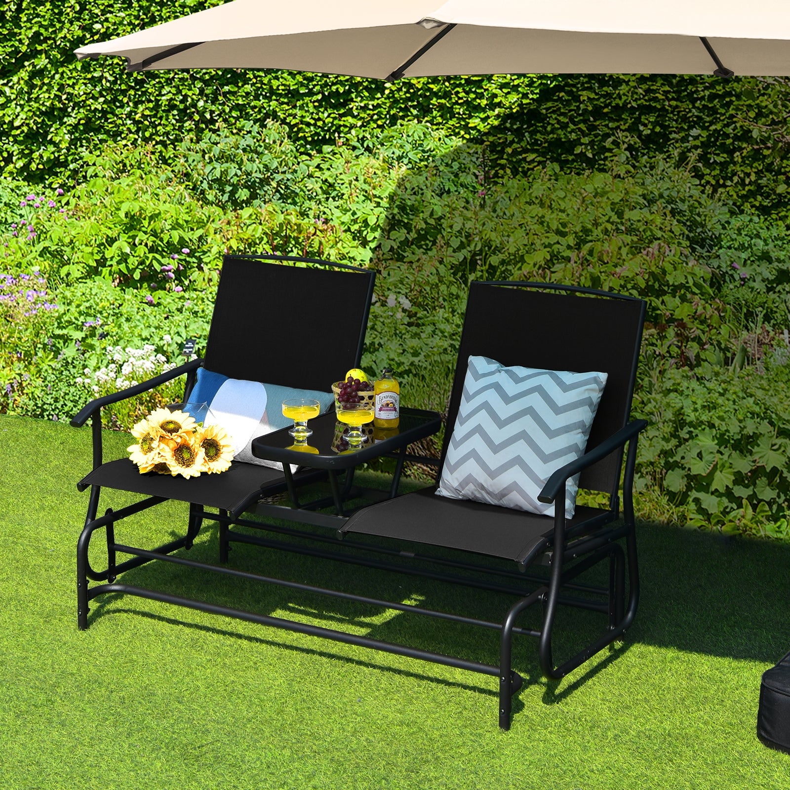 2-Person Rocking Loveseat, Mesh Fabric, Tempered Glass Table, Black - Image 2