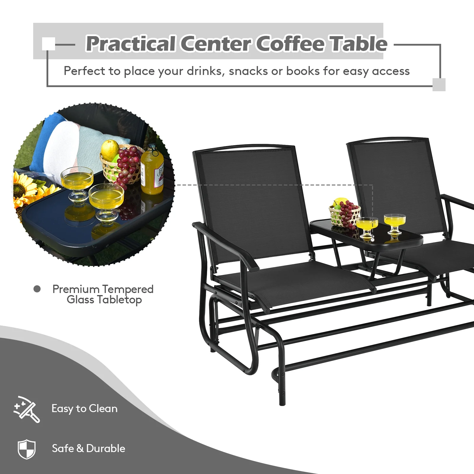 2-Person Rocking Loveseat, Mesh Fabric, Tempered Glass Table, Black - Image 6