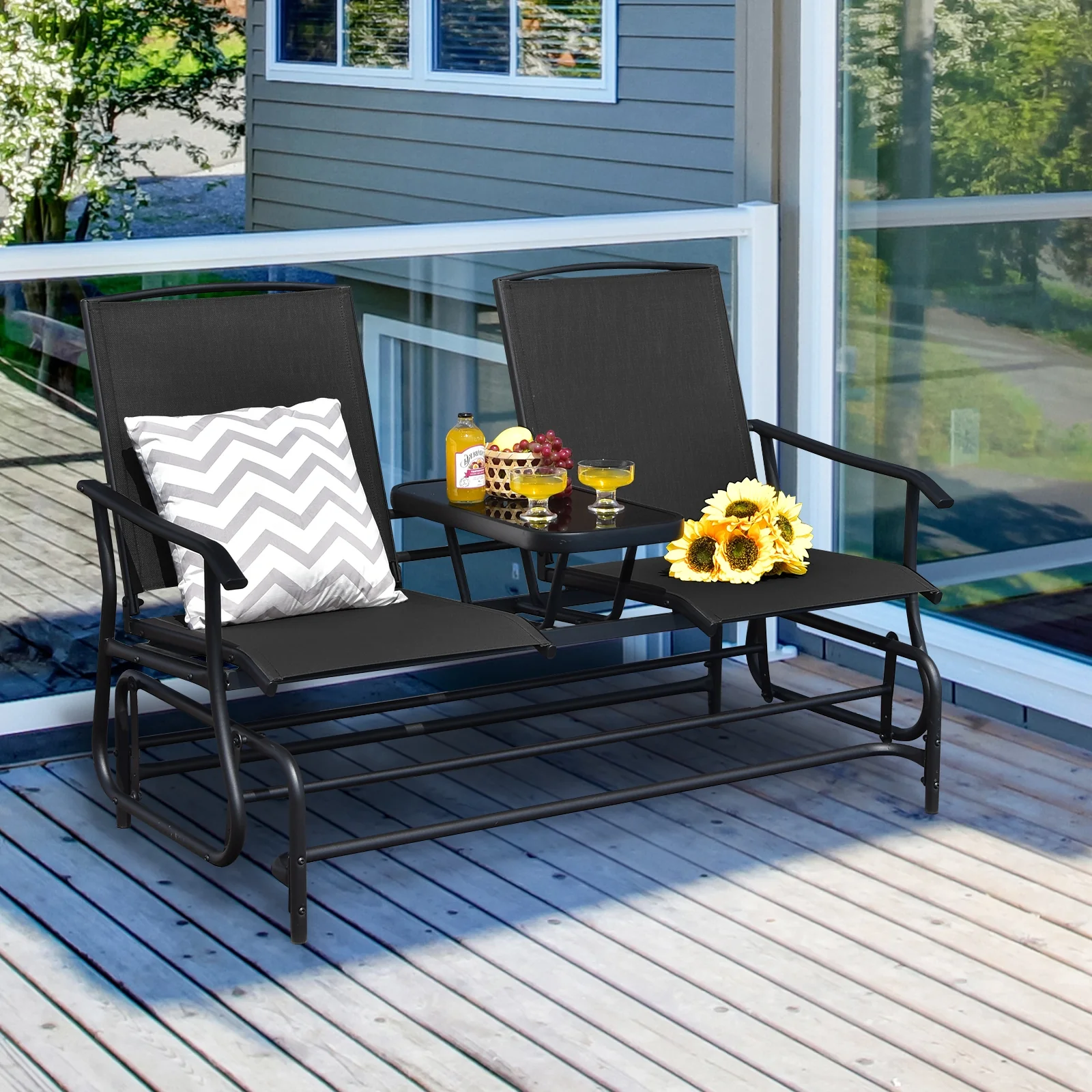 2-Person Rocking Loveseat, Mesh Fabric, Tempered Glass Table, Black - Image 7