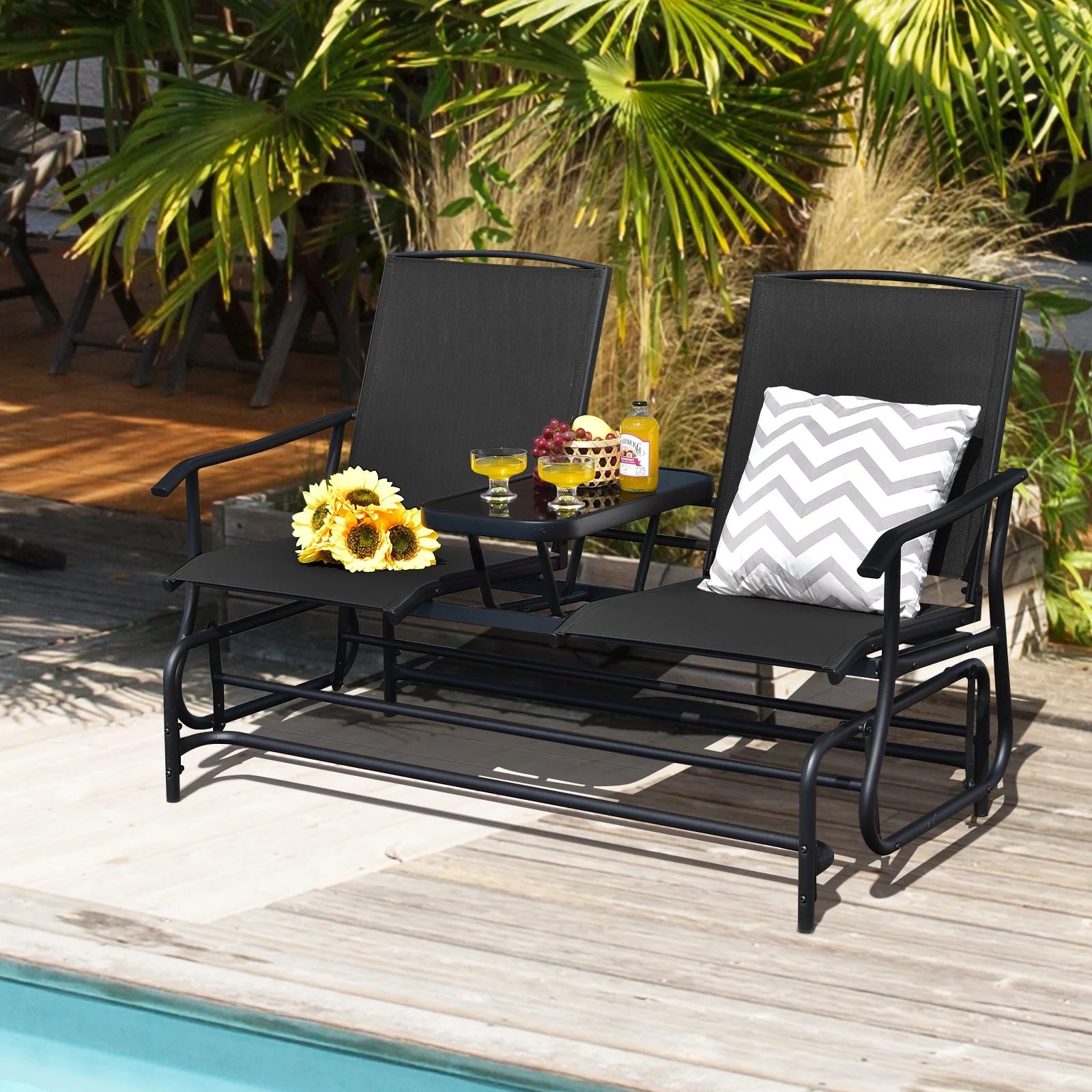 2-Person Rocking Loveseat, Mesh Fabric, Tempered Glass Table, Black - Image 8