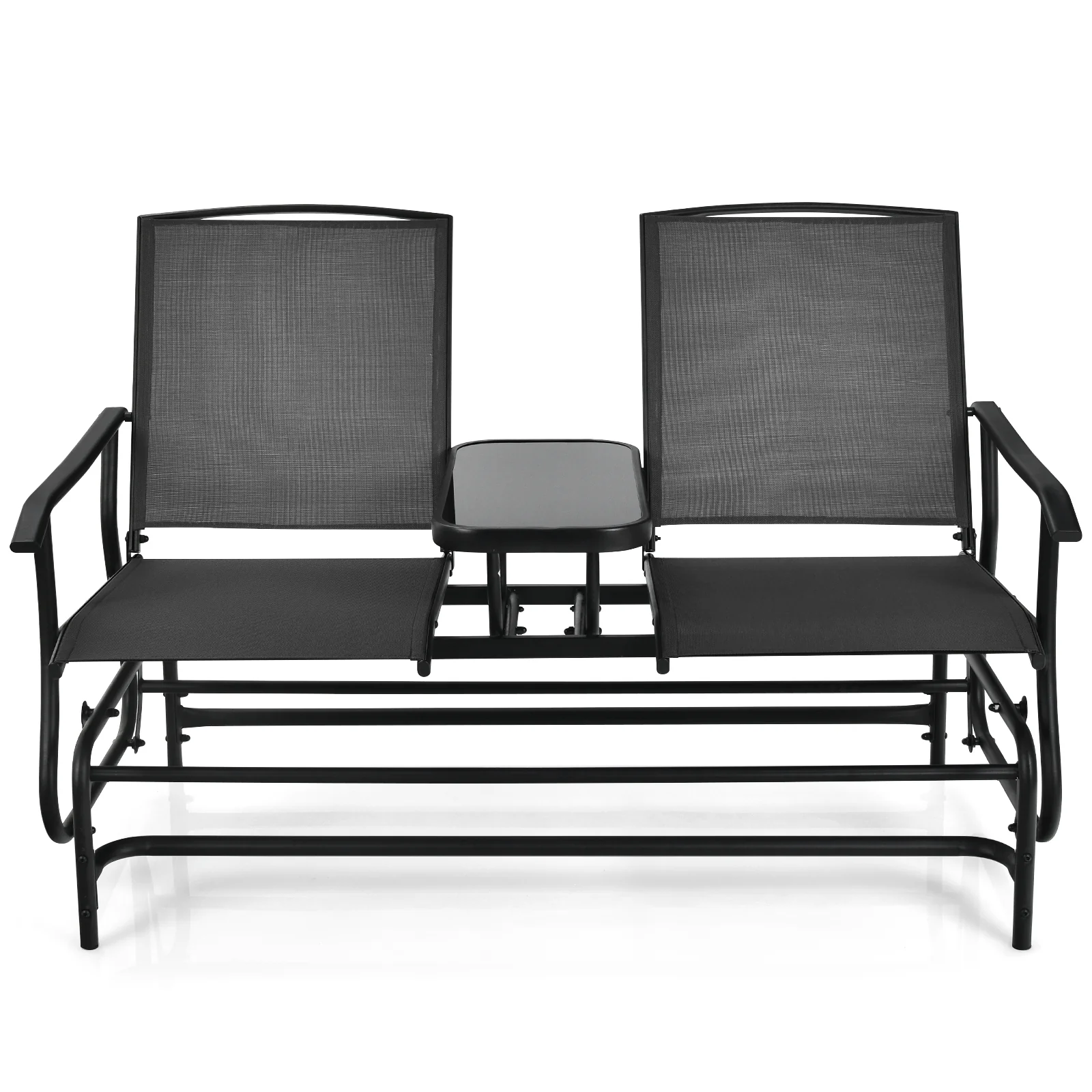 2-Person Rocking Loveseat, Mesh Fabric, Tempered Glass Table, Black - Image 9