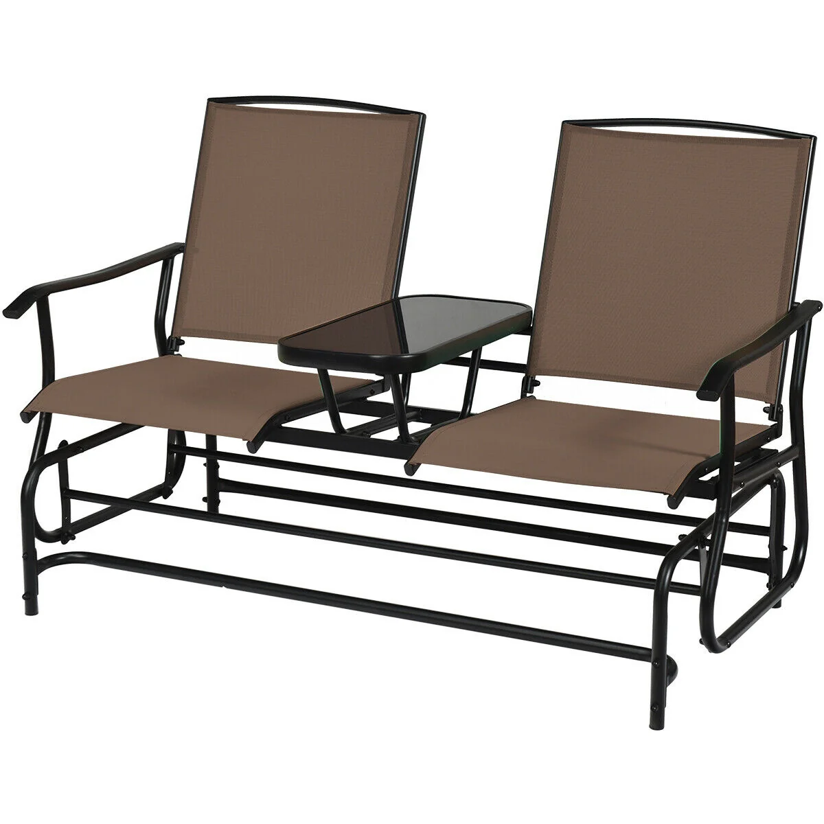 2-Person Rocking Loveseat, Mesh Fabric, Tempered Glass Table, Brown