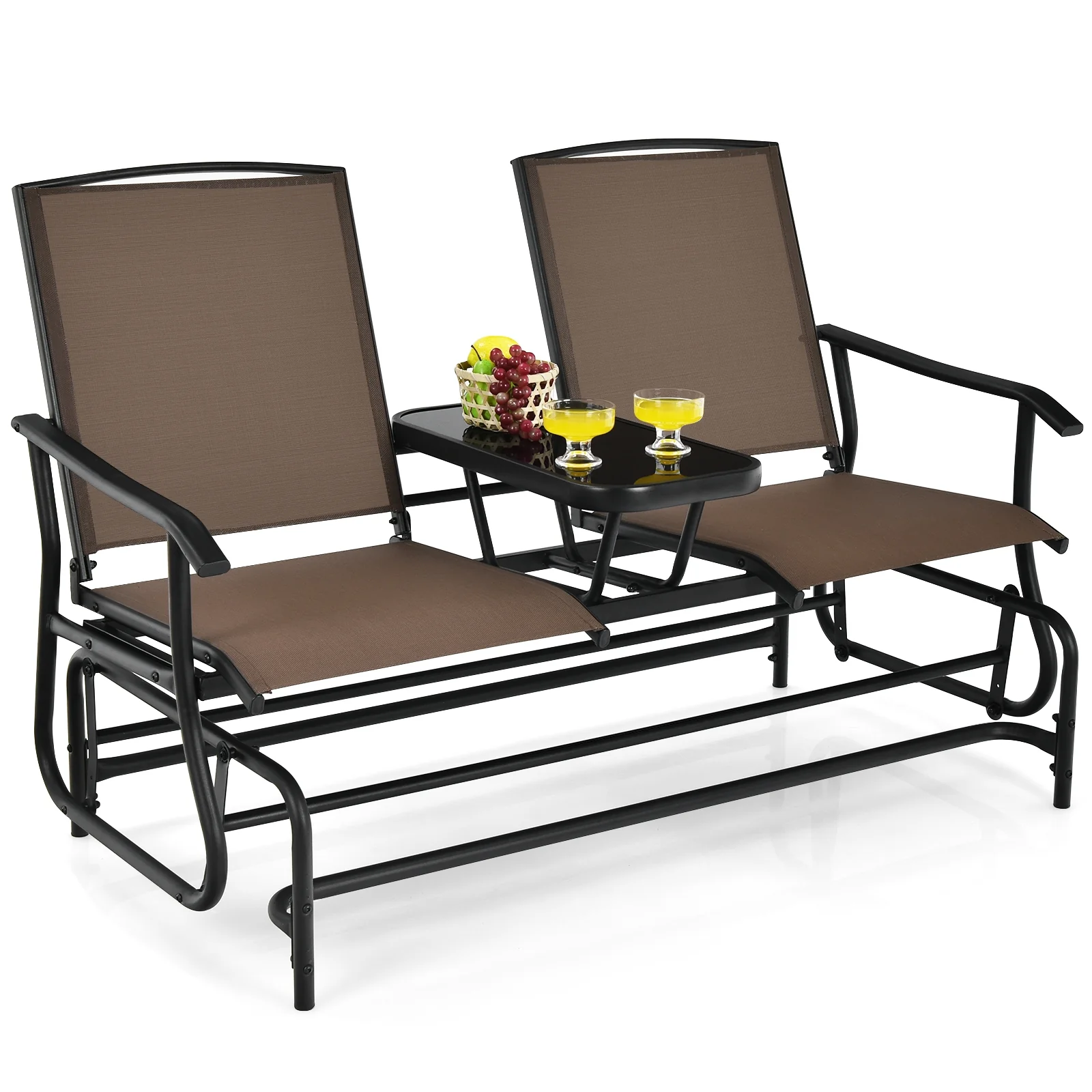 2-Person Rocking Loveseat, Mesh Fabric, Tempered Glass Table, Brown - Image 10