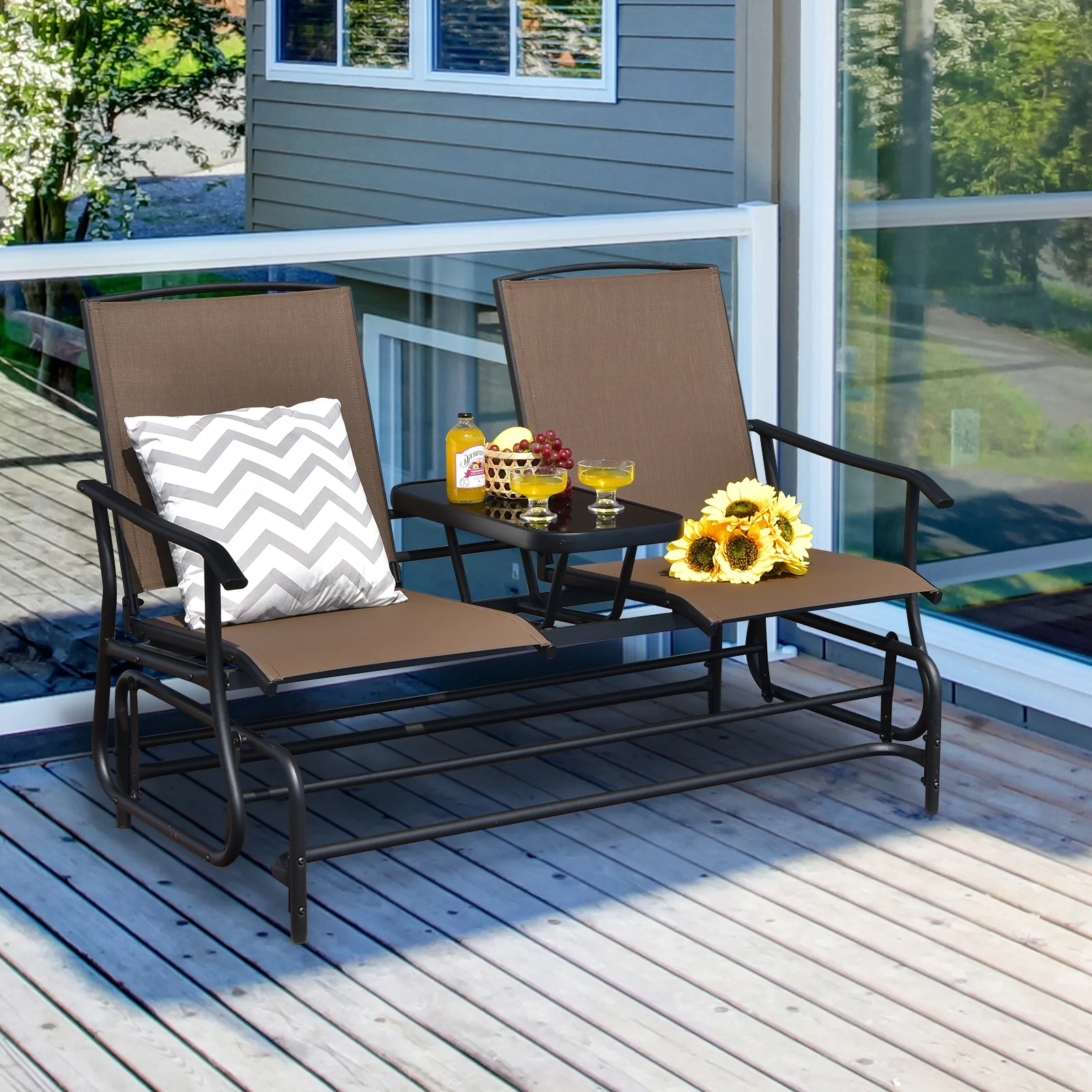 2-Person Rocking Loveseat, Mesh Fabric, Tempered Glass Table, Brown - Image 2