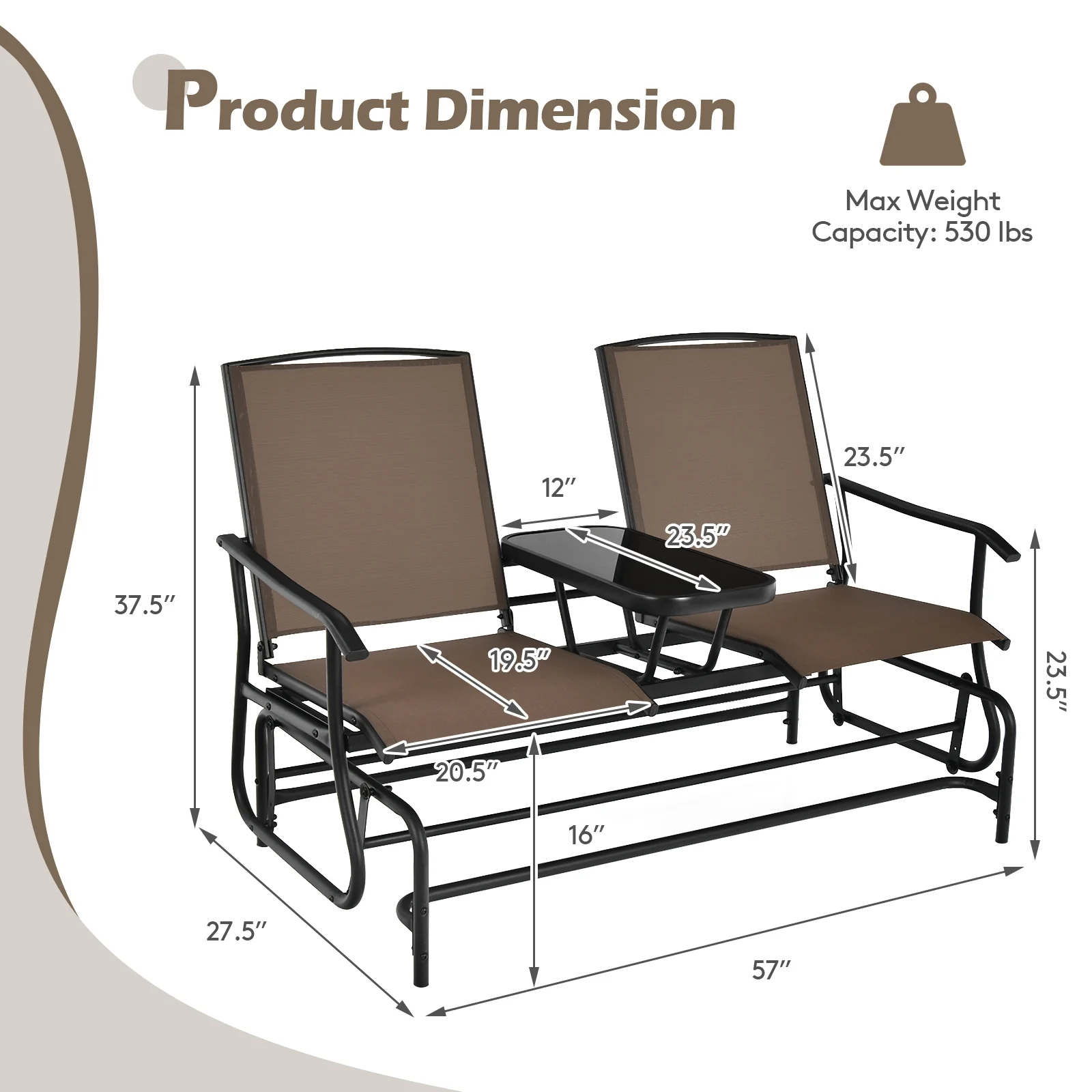 2-Person Rocking Loveseat, Mesh Fabric, Tempered Glass Table, Brown - Image 5