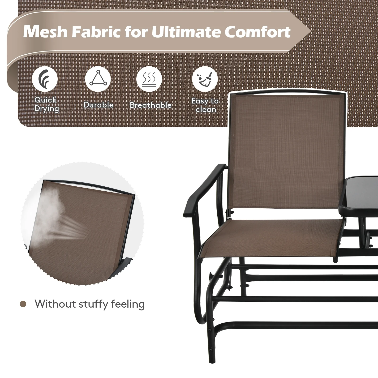 2-Person Rocking Loveseat, Mesh Fabric, Tempered Glass Table, Brown - Image 6