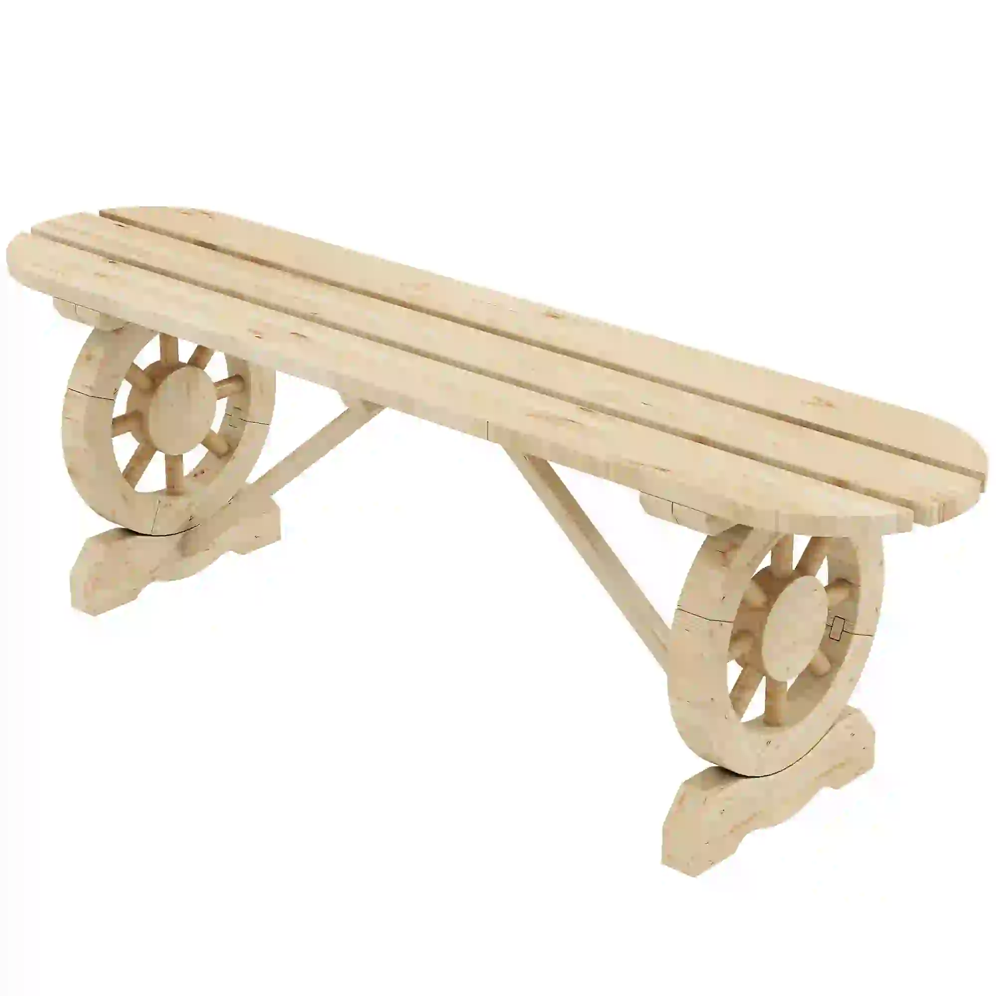 2-Person Wood Garden Bench, Wagon Wheel Legs, Slatted Seat, Natural Wood