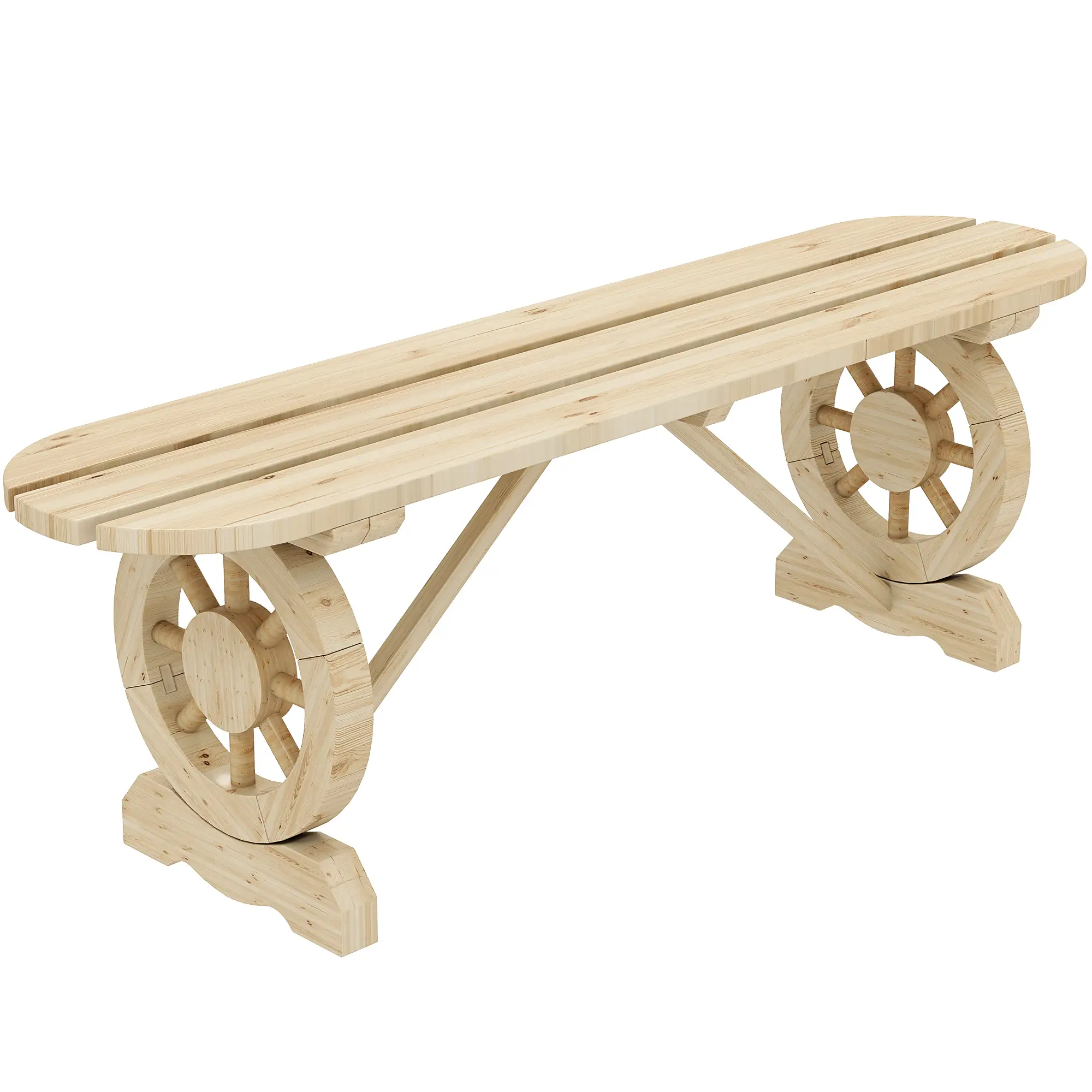 2-Person Wood Garden Bench, Wagon Wheel Legs, Slatted Seat, Natural Wood - Image 11