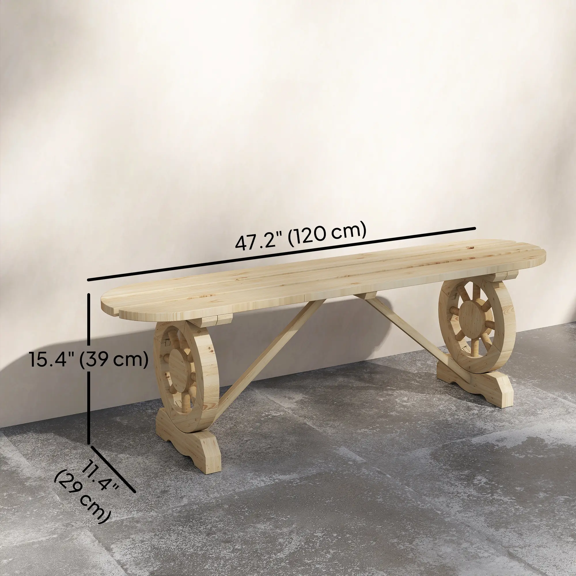 2-Person Wood Garden Bench, Wagon Wheel Legs, Slatted Seat, Natural Wood - Image 3