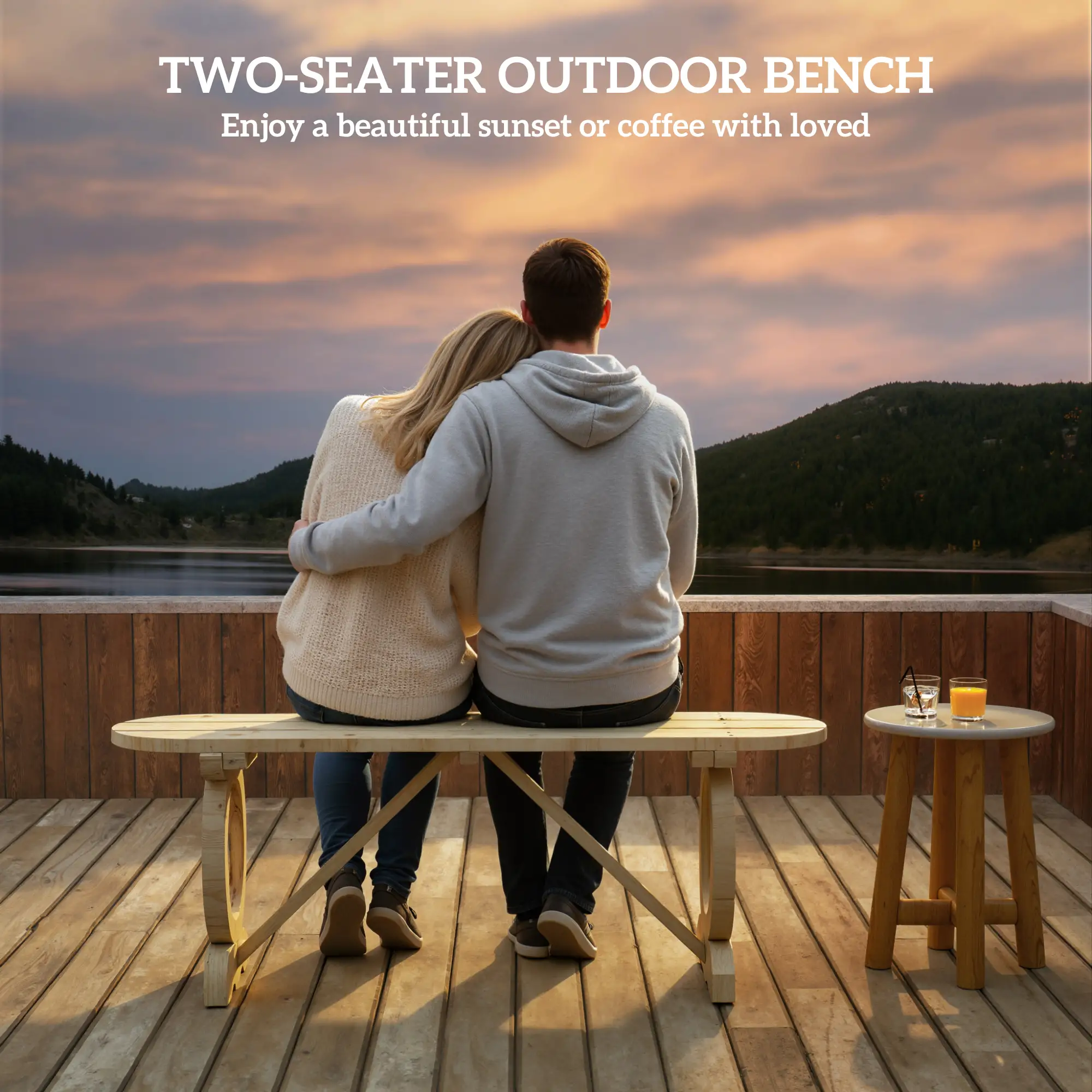 2-Person Wood Garden Bench, Wagon Wheel Legs, Slatted Seat, Natural Wood - Image 4