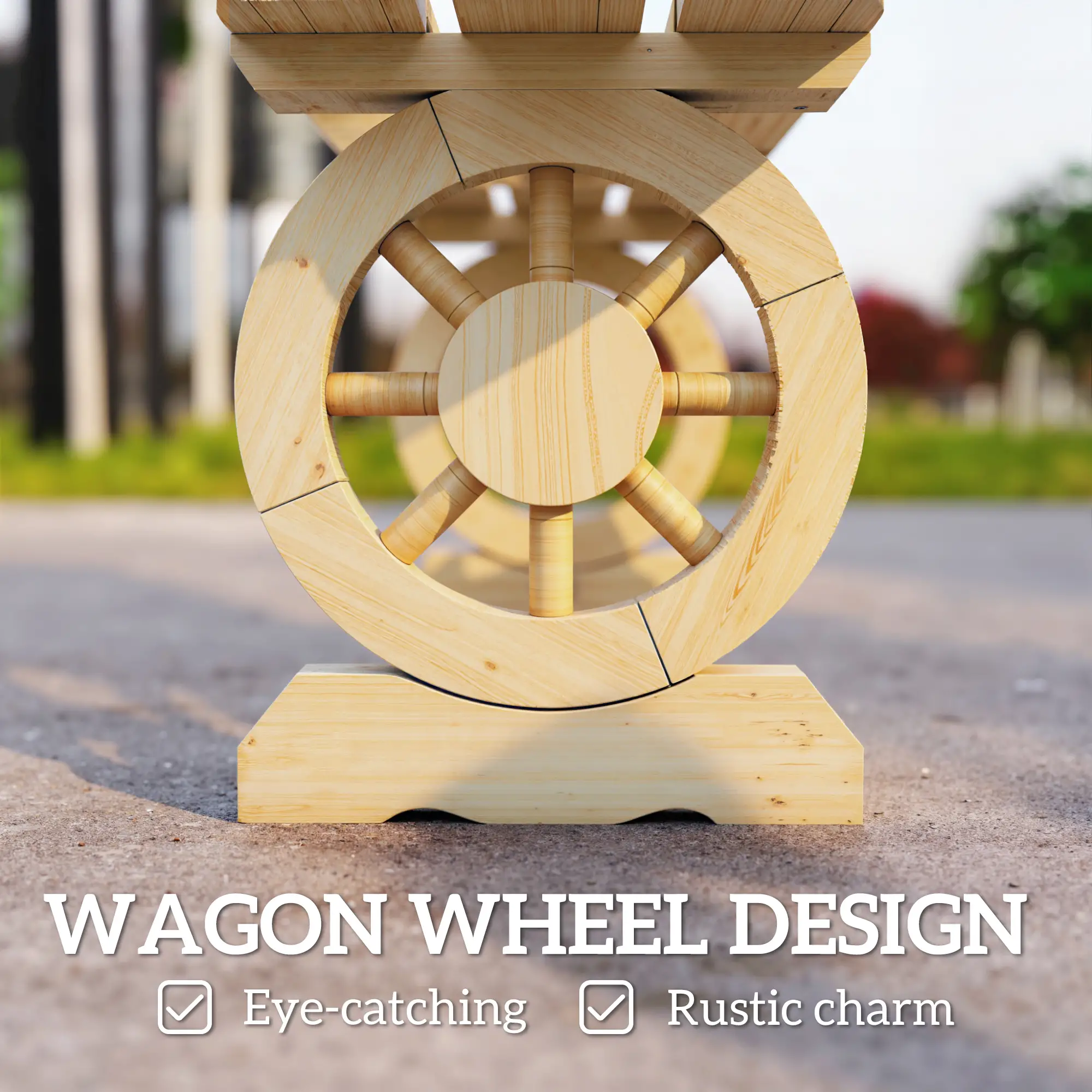2-Person Wood Garden Bench, Wagon Wheel Legs, Slatted Seat, Natural Wood - Image 5