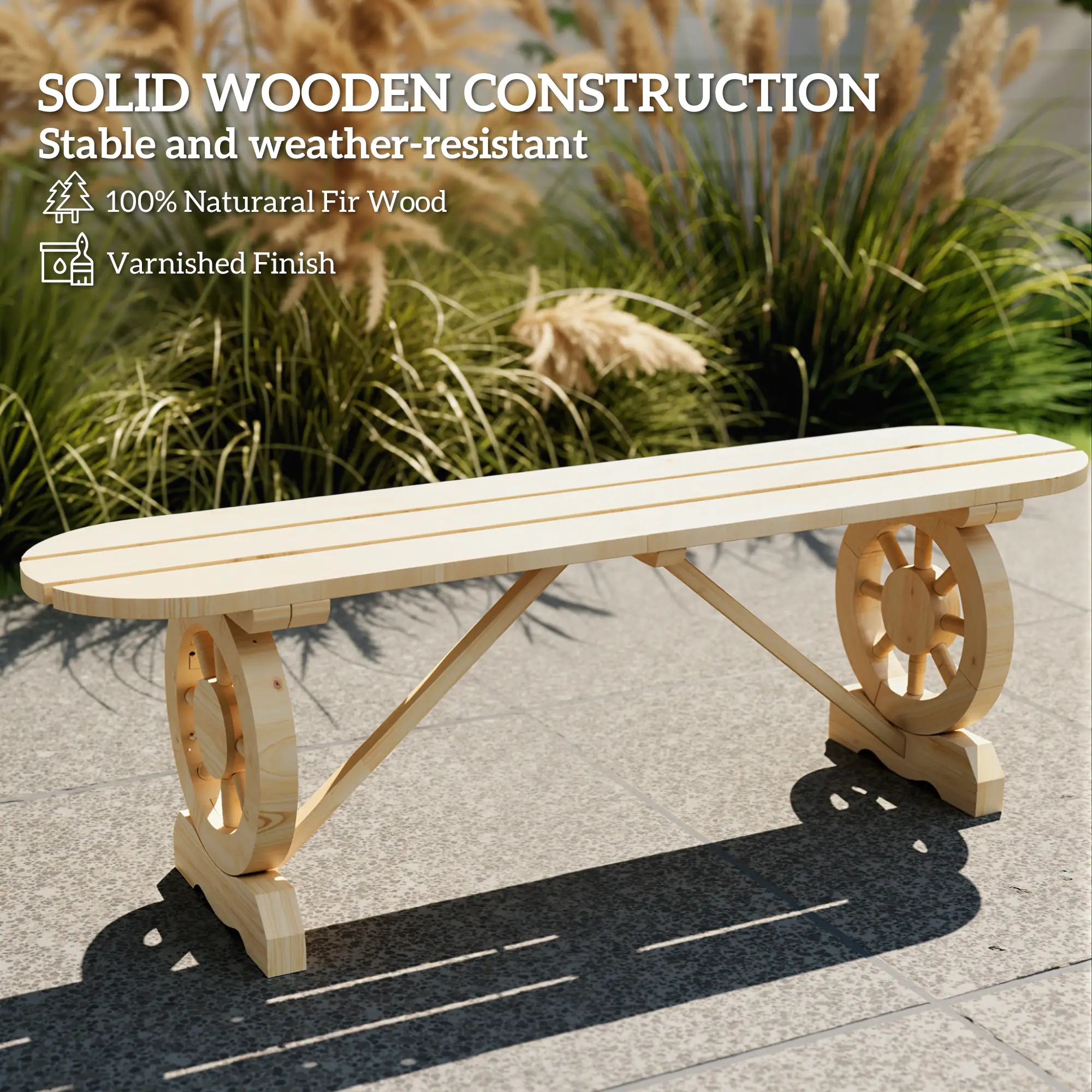 2-Person Wood Garden Bench, Wagon Wheel Legs, Slatted Seat, Natural Wood - Image 6