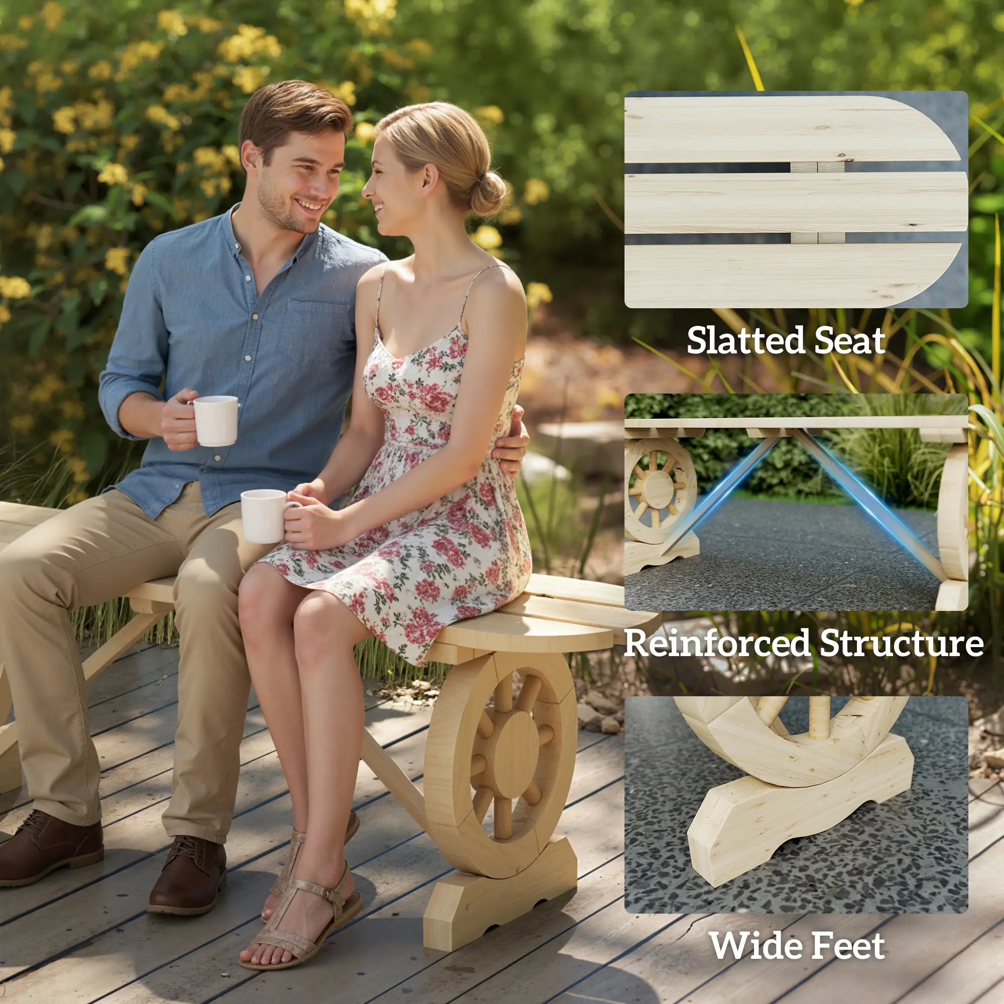 2-Person Wood Garden Bench, Wagon Wheel Legs, Slatted Seat, Natural Wood - Image 7