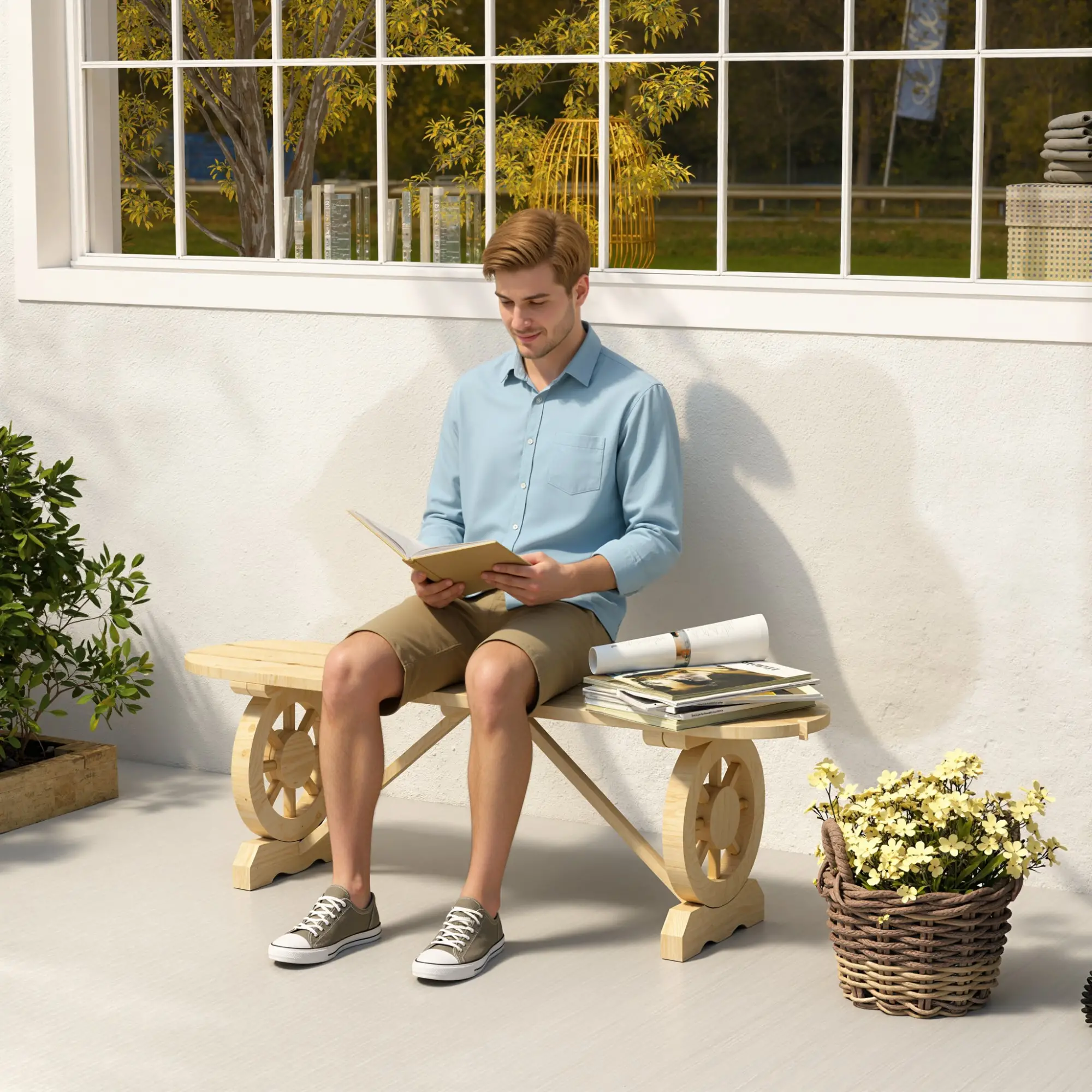 2-Person Wood Garden Bench, Wagon Wheel Legs, Slatted Seat, Natural Wood - Image 8