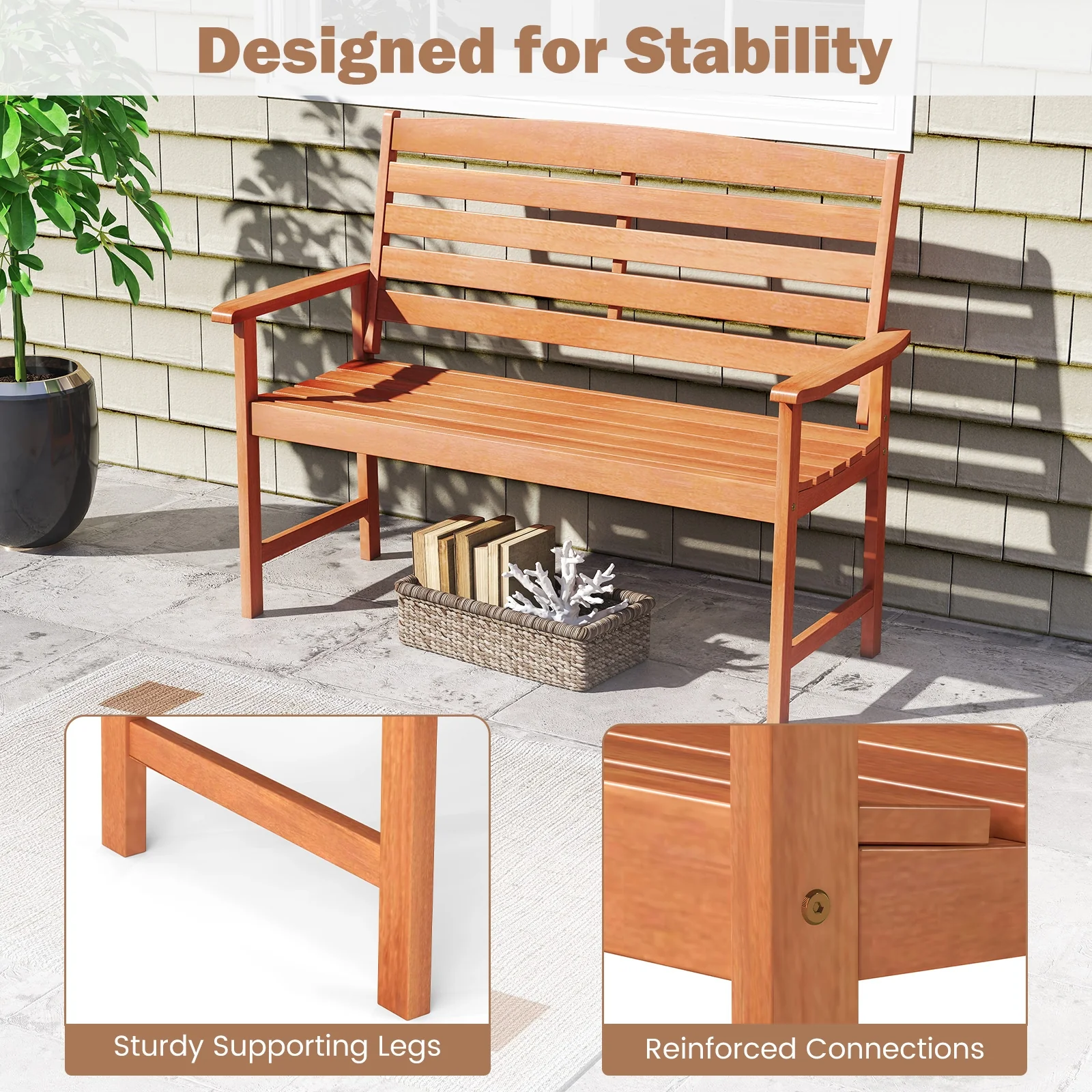 2-Person Wooden Garden Bench, Slatted Backrest, Comfortable Armrests, Natural - Image 10