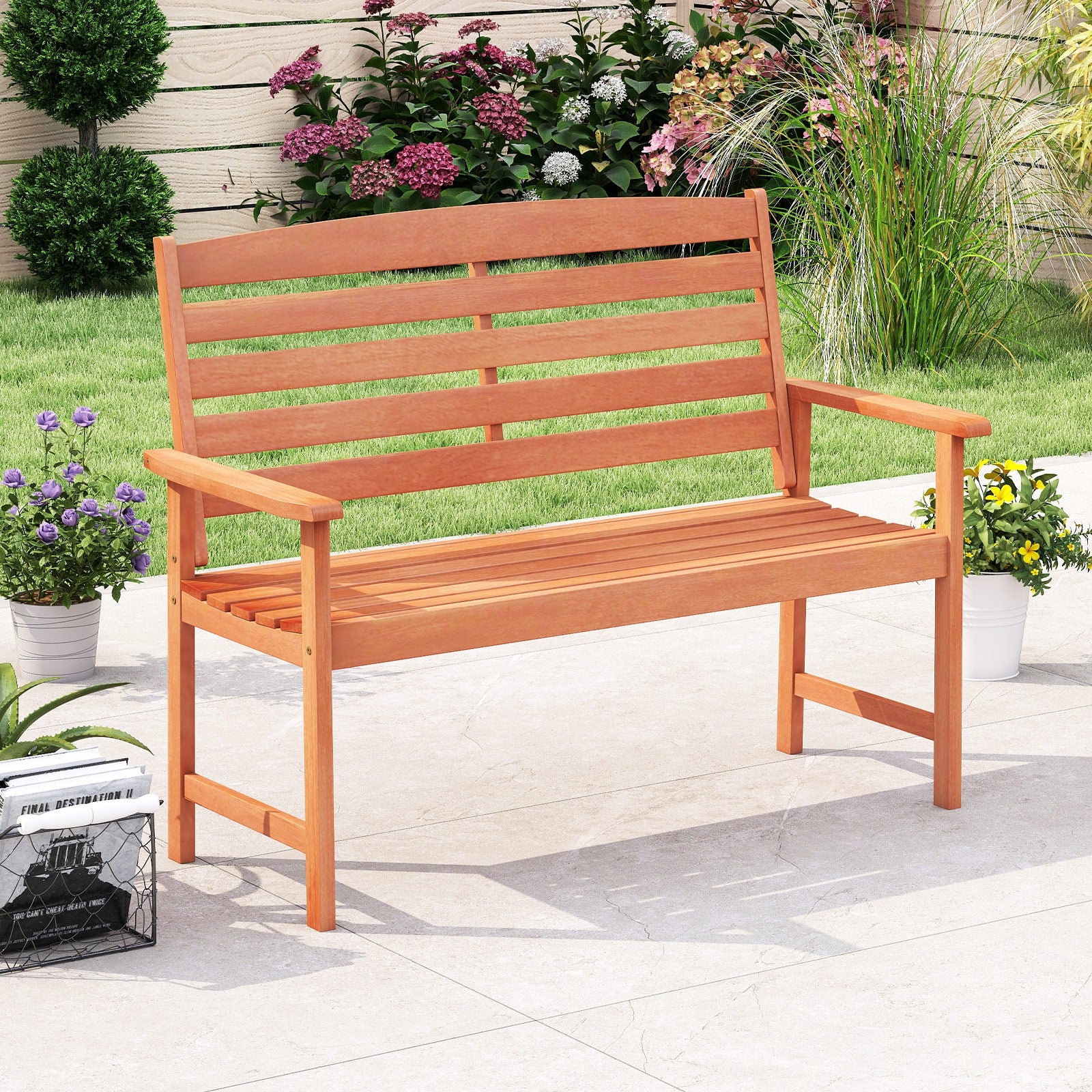2-Person Wooden Garden Bench, Slatted Backrest, Comfortable Armrests, Natural - Image 2