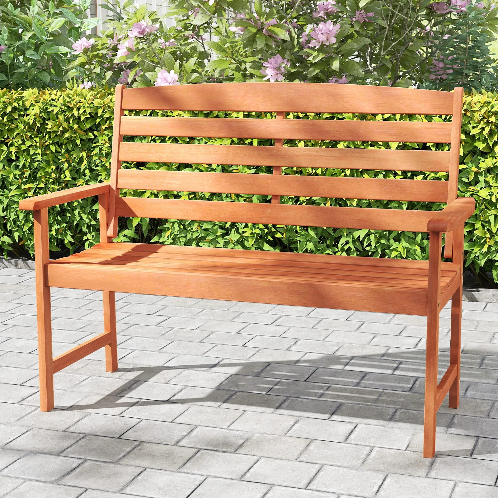 2-Person Wooden Garden Bench, Slatted Backrest, Comfortable Armrests, Natural - Image 3
