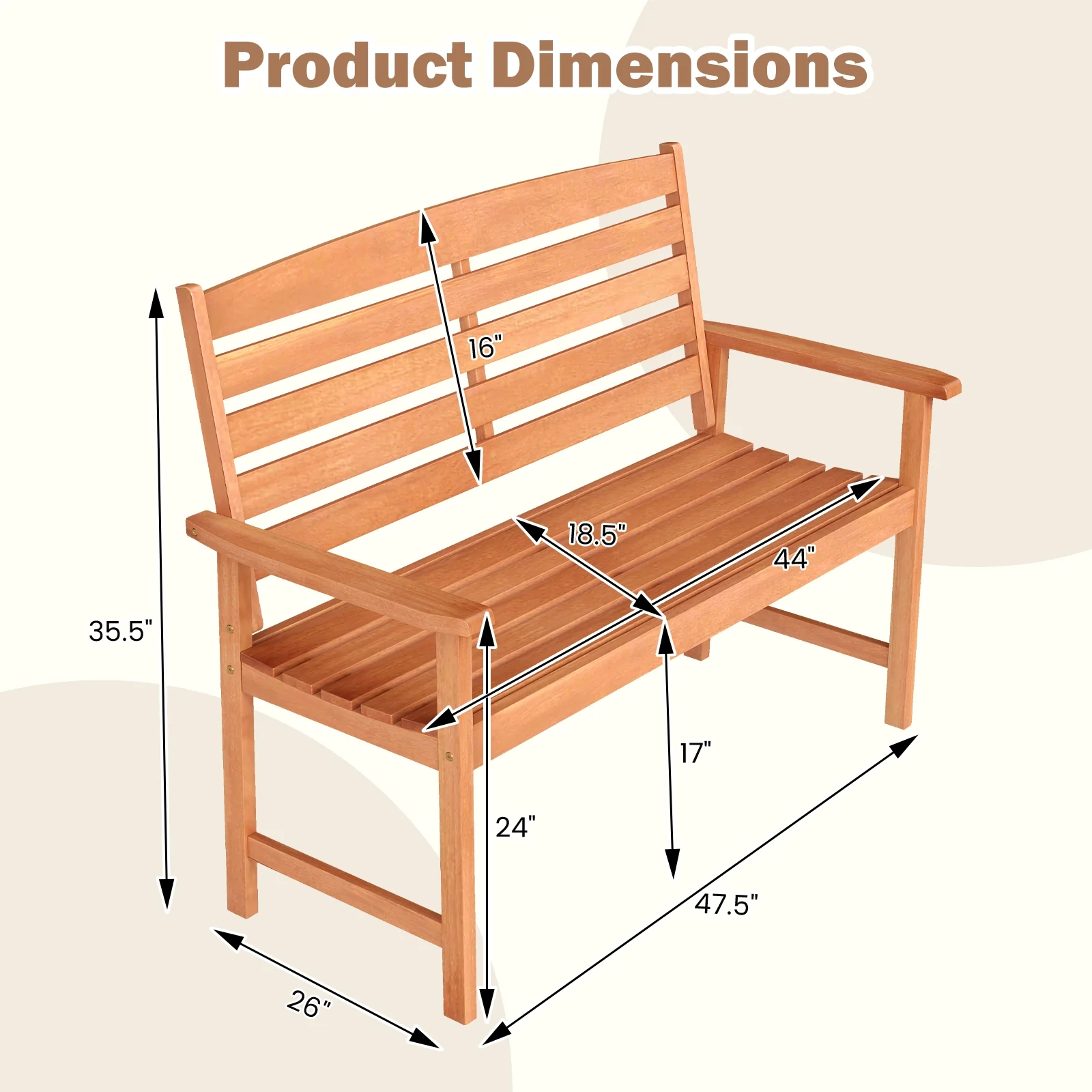 2-Person Wooden Garden Bench, Slatted Backrest, Comfortable Armrests, Natural - Image 6