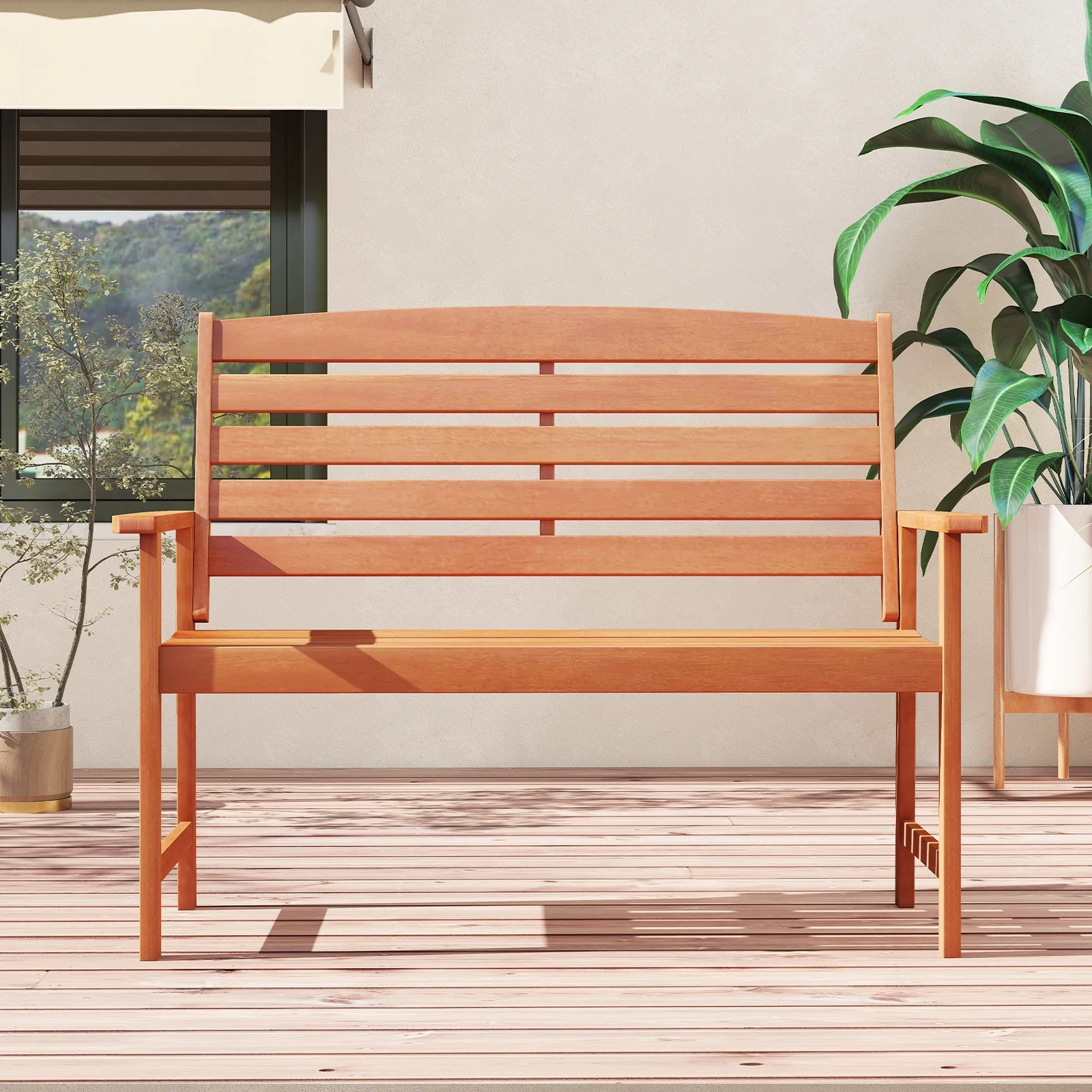 2-Person Wooden Garden Bench, Slatted Backrest, Comfortable Armrests, Natural - Image 7
