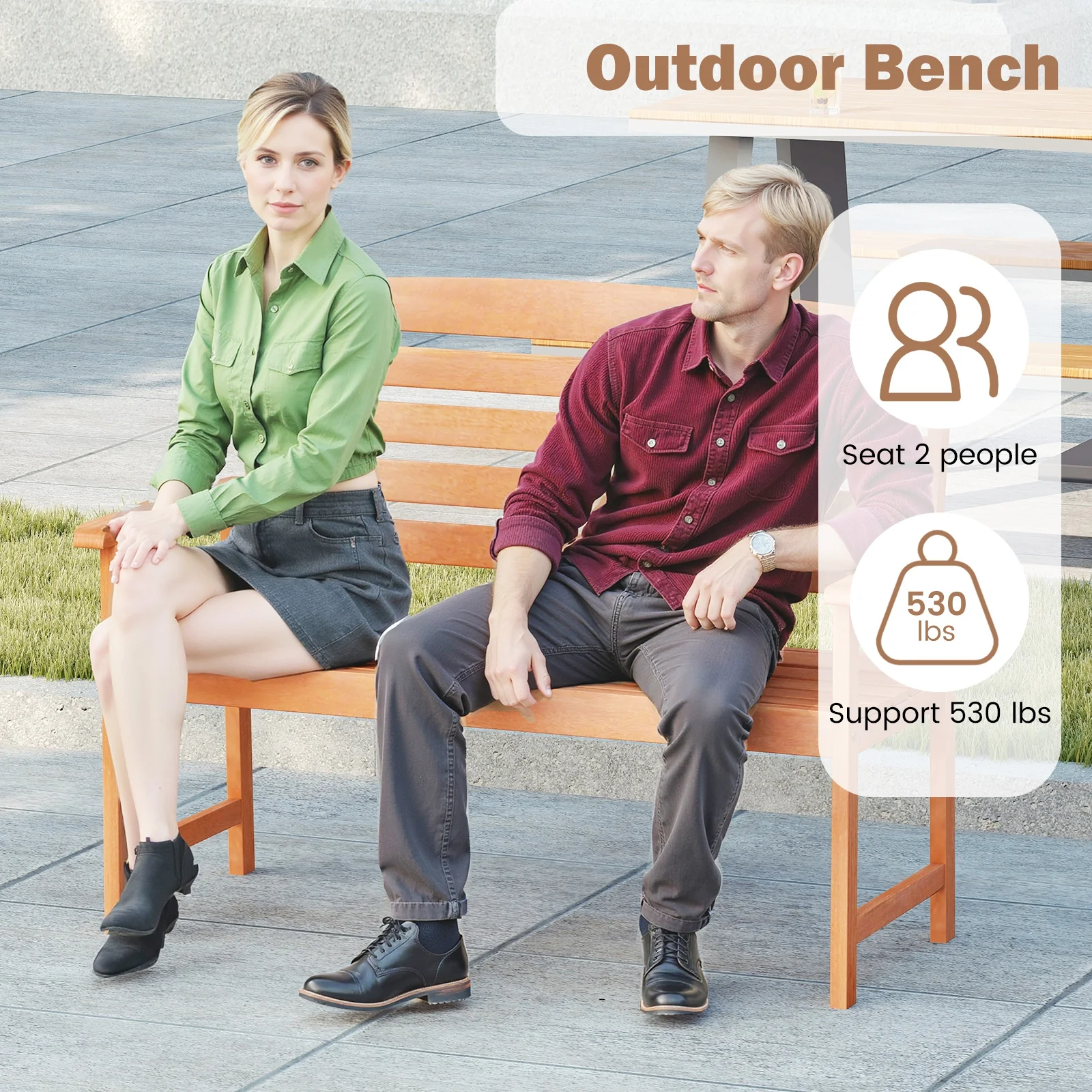 2-Person Wooden Garden Bench, Slatted Backrest, Comfortable Armrests, Natural - Image 8