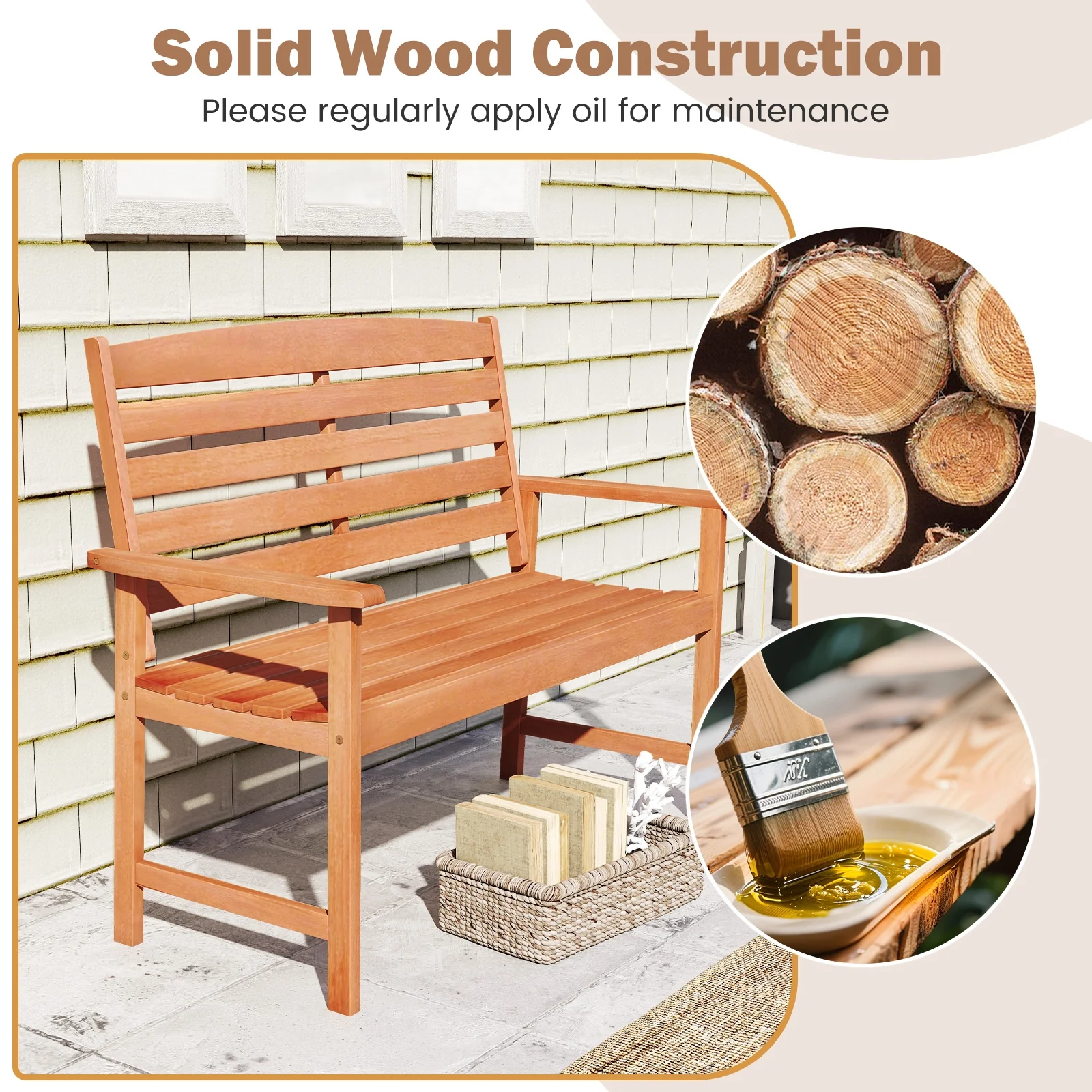 2-Person Wooden Garden Bench, Slatted Backrest, Comfortable Armrests, Natural - Image 9