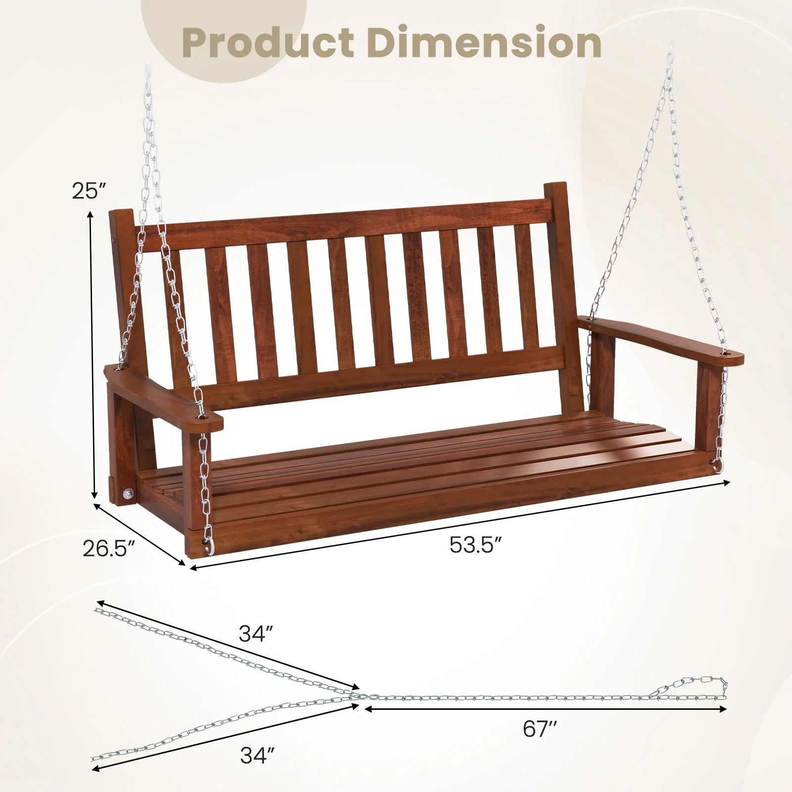 2-Person Wooden Porch Swing, 500 lbs Capacity, Brown - Image 5