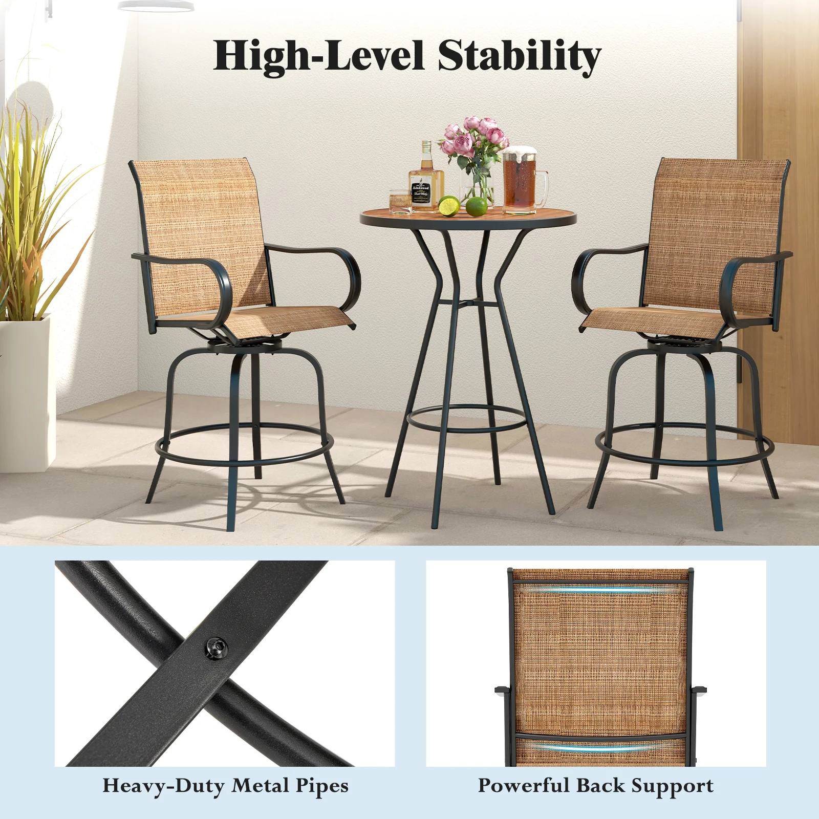 2 Piece 360 Rotation Swivel Bar Stool Set, Brown - Image 9