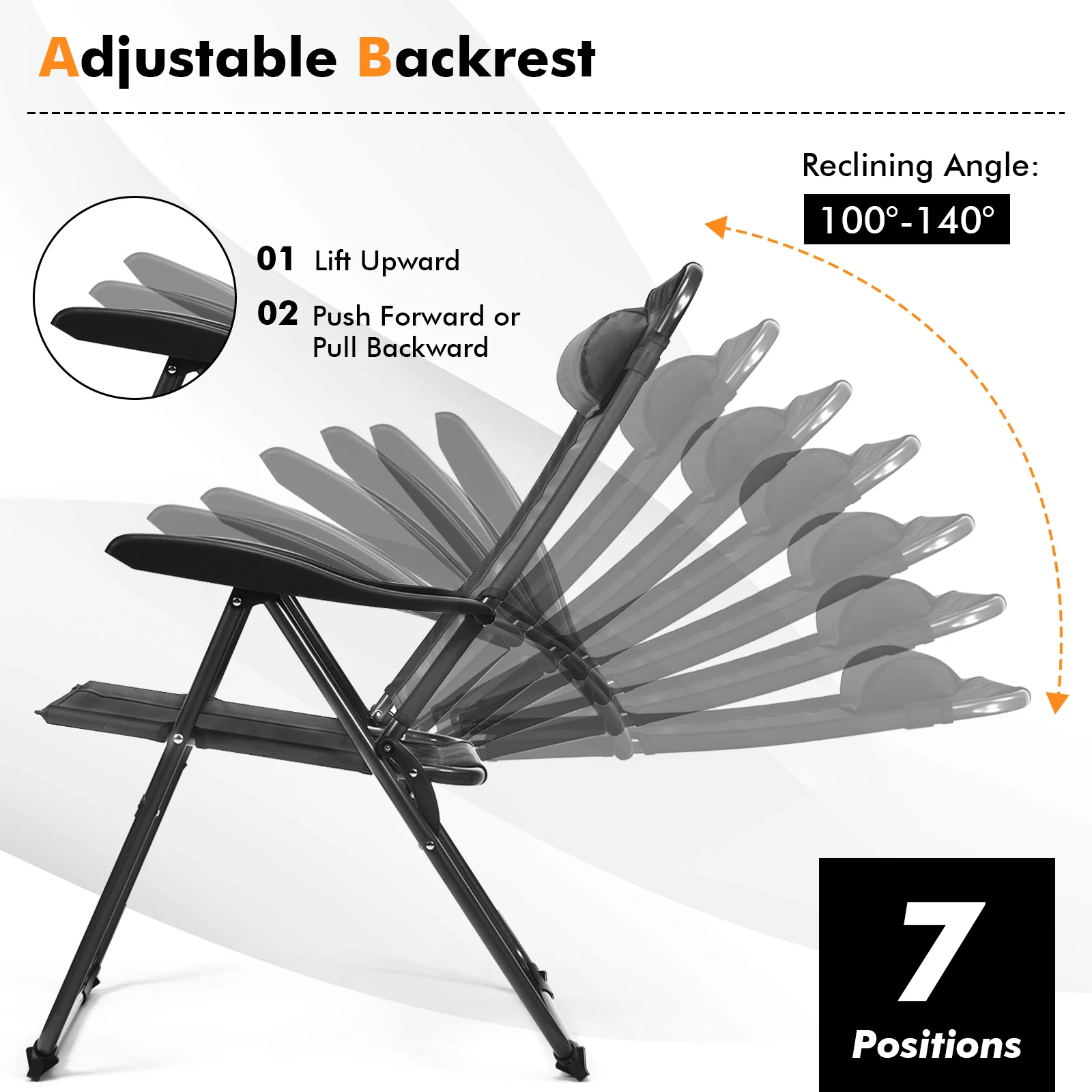 2 Piece Adjustable Folding Recliner Chairs, 7 Level Backrest, Gray - Image 10