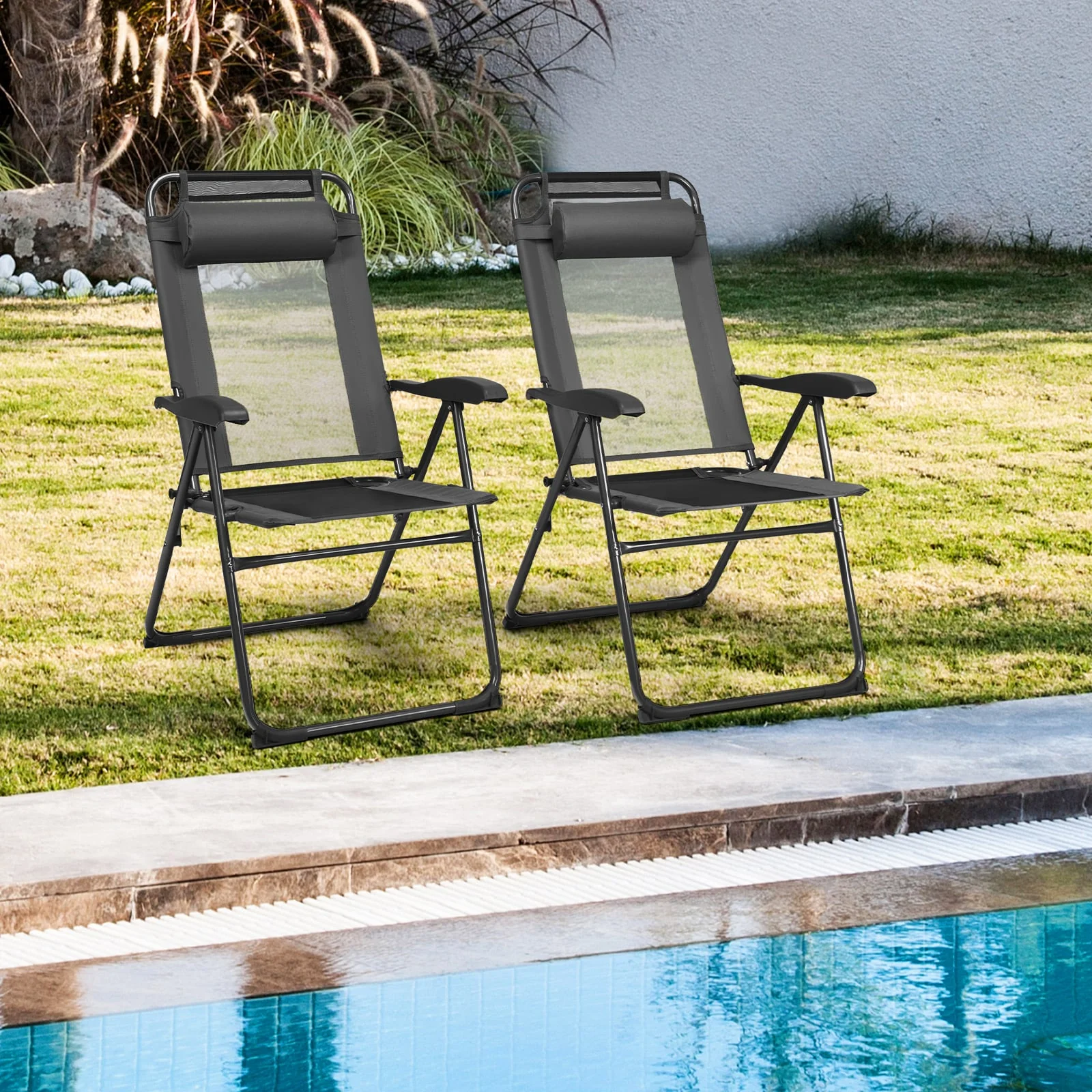 2 Piece Adjustable Folding Recliner Chairs, 7 Level Backrest, Gray - Image 2