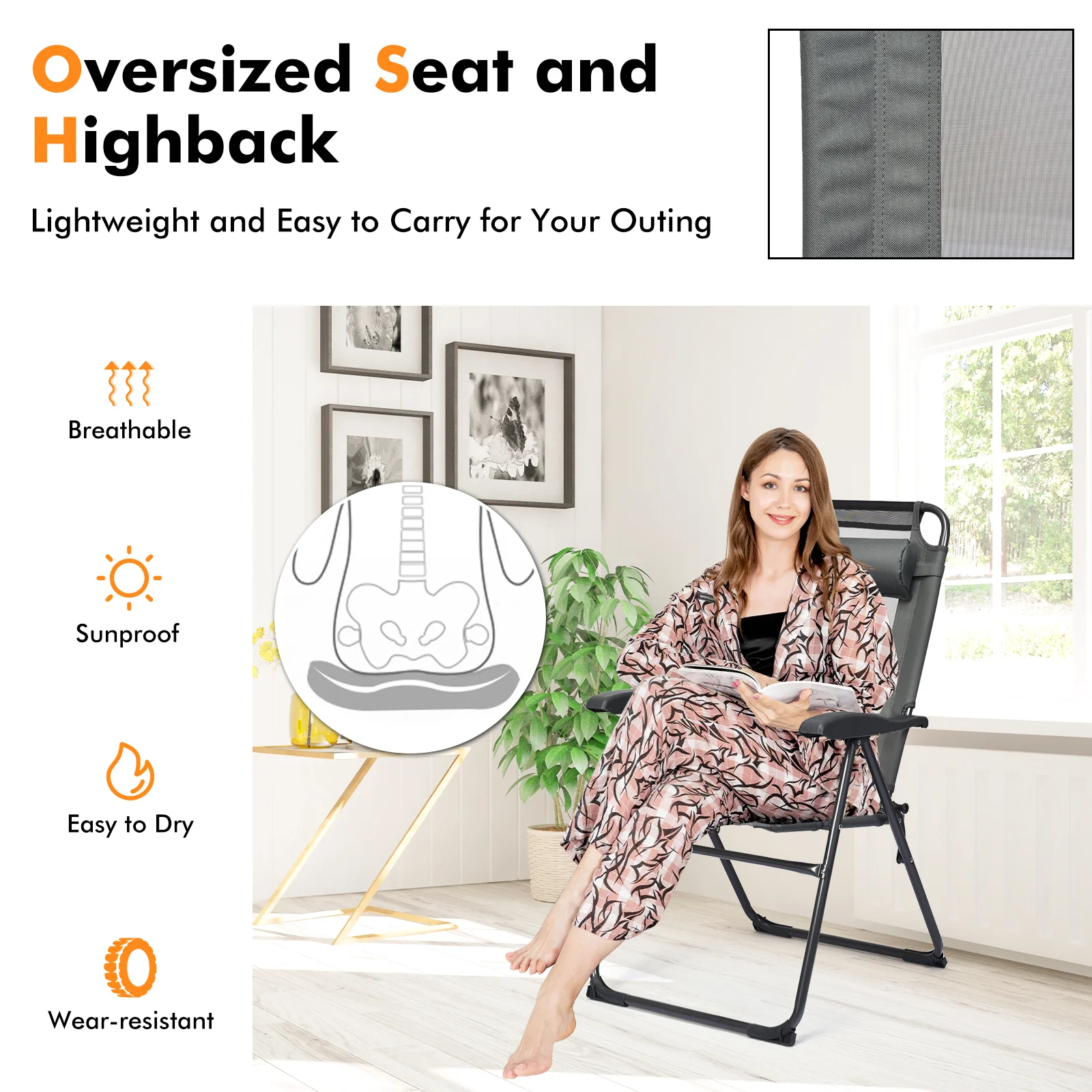 2 Piece Adjustable Folding Recliner Chairs, 7 Level Backrest, Gray - Image 3