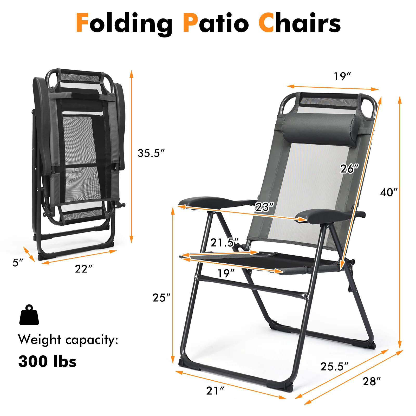 2 Piece Adjustable Folding Recliner Chairs, 7 Level Backrest, Gray - Image 5