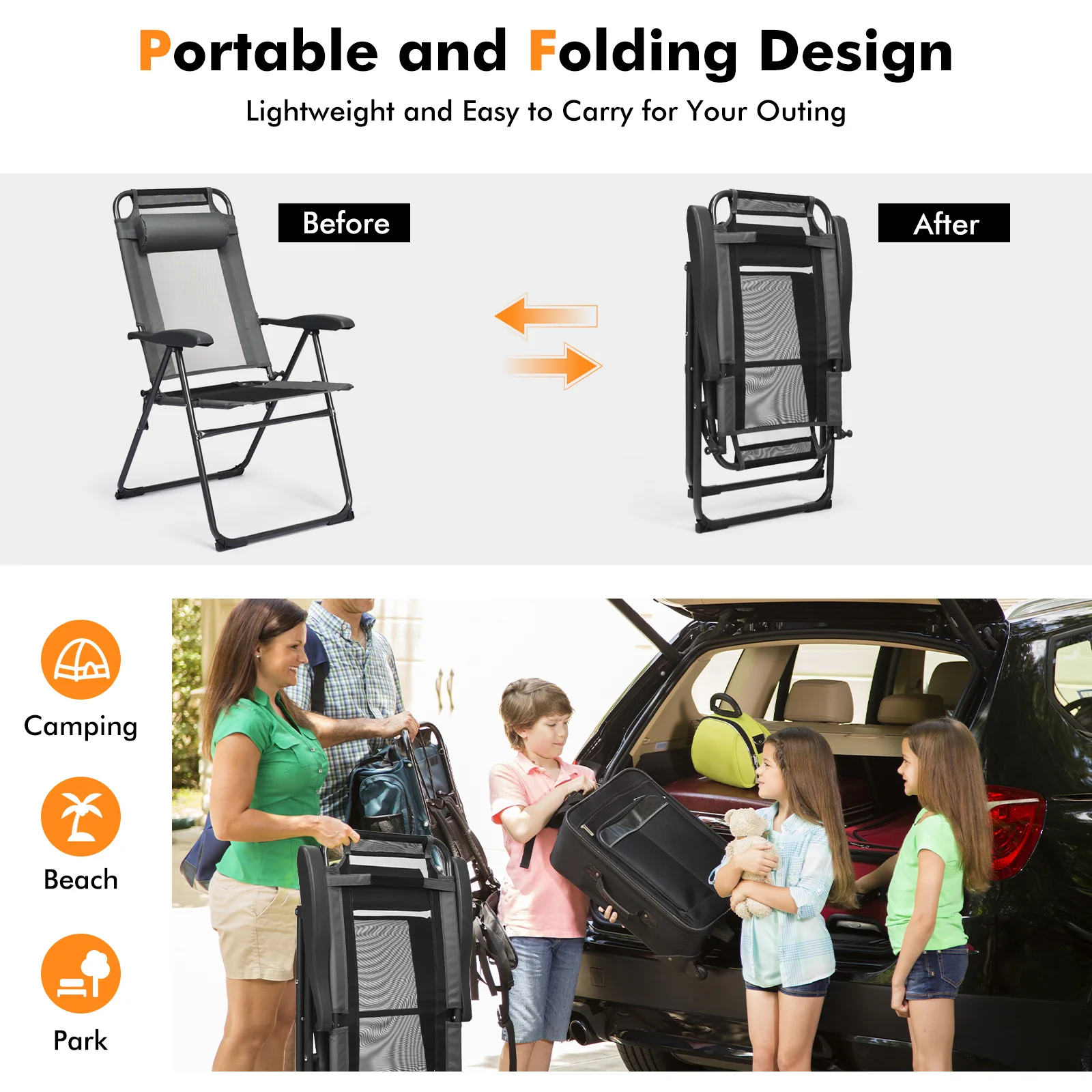2 Piece Adjustable Folding Recliner Chairs, 7 Level Backrest, Gray - Image 6