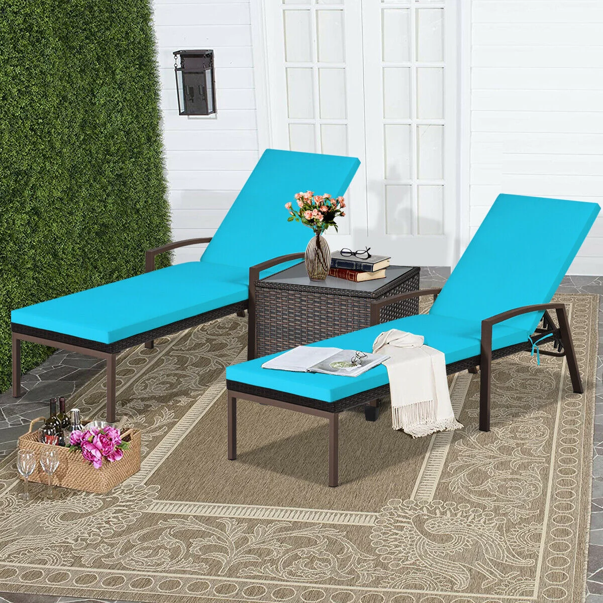 2-Piece Adjustable Rattan Patio Lounge Chair, Turquoise - Image 7