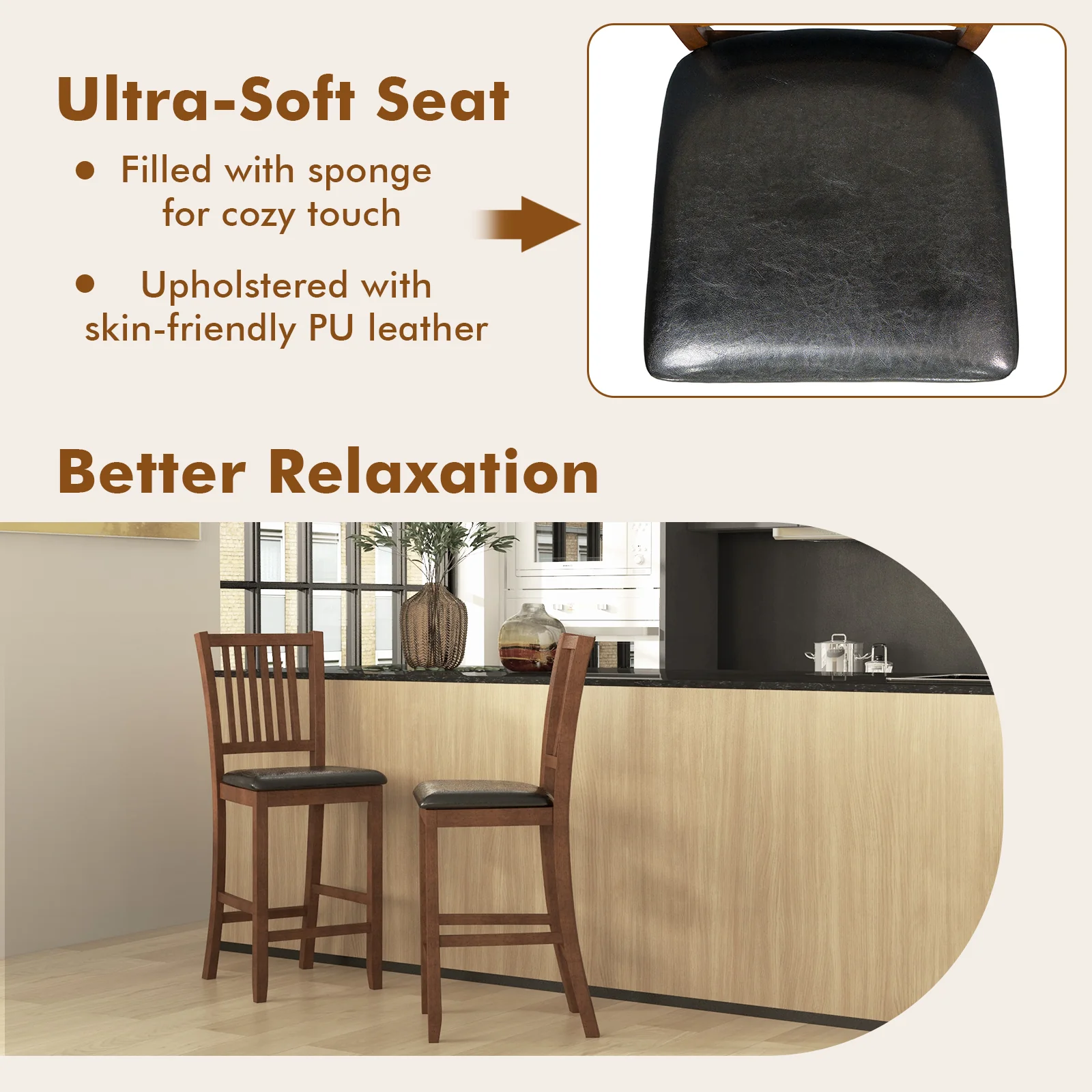 2-Piece Bar Chair Set, Counter Height Stool With Backrest, Walnut - Image 7