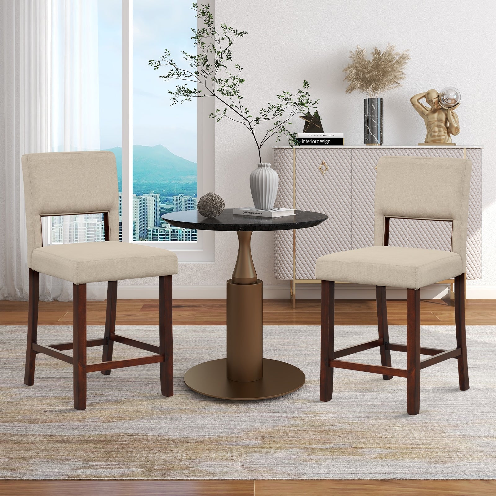 2 Piece Bar Chair Set, Hollowed Back, Rubber Wood Legs, Beige - Image 2