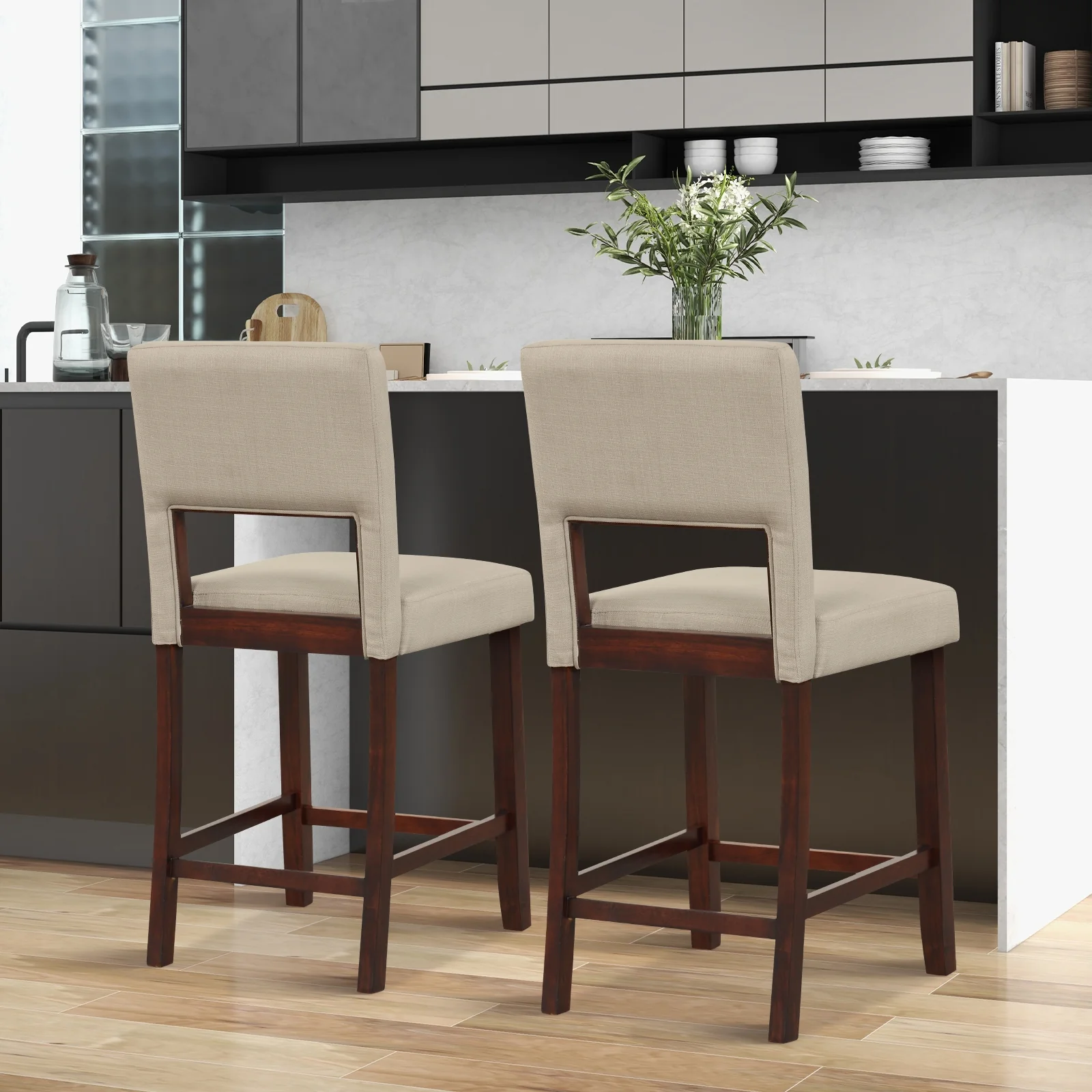 2 Piece Bar Chair Set, Hollowed Back, Rubber Wood Legs, Beige - Image 3