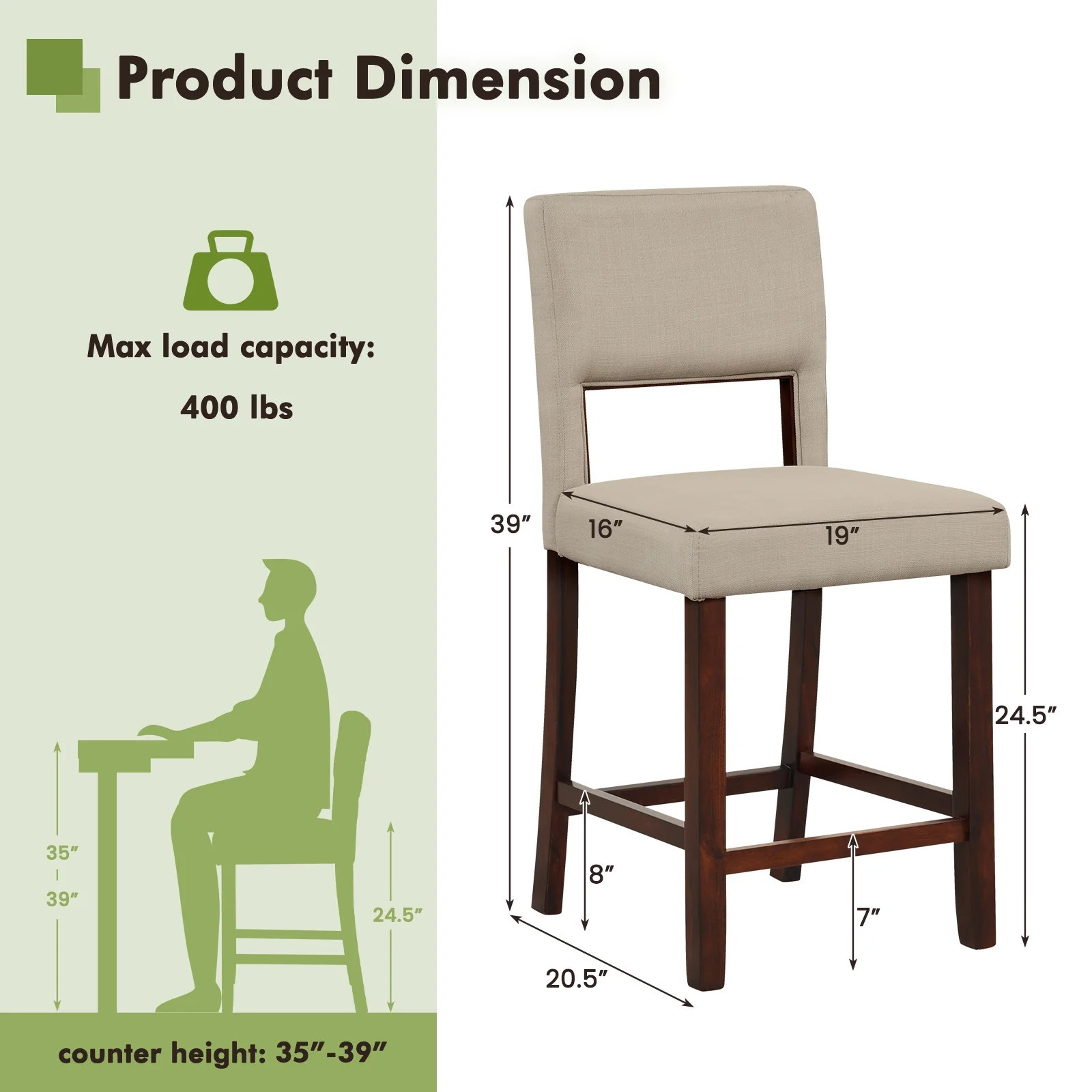 2 Piece Bar Chair Set, Hollowed Back, Rubber Wood Legs, Beige - Image 5
