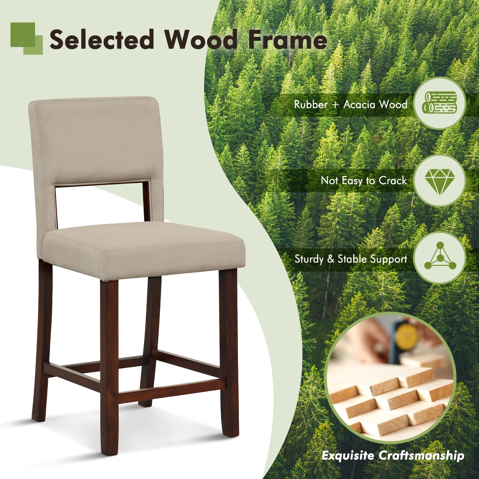 2 Piece Bar Chair Set, Hollowed Back, Rubber Wood Legs, Beige - Image 6